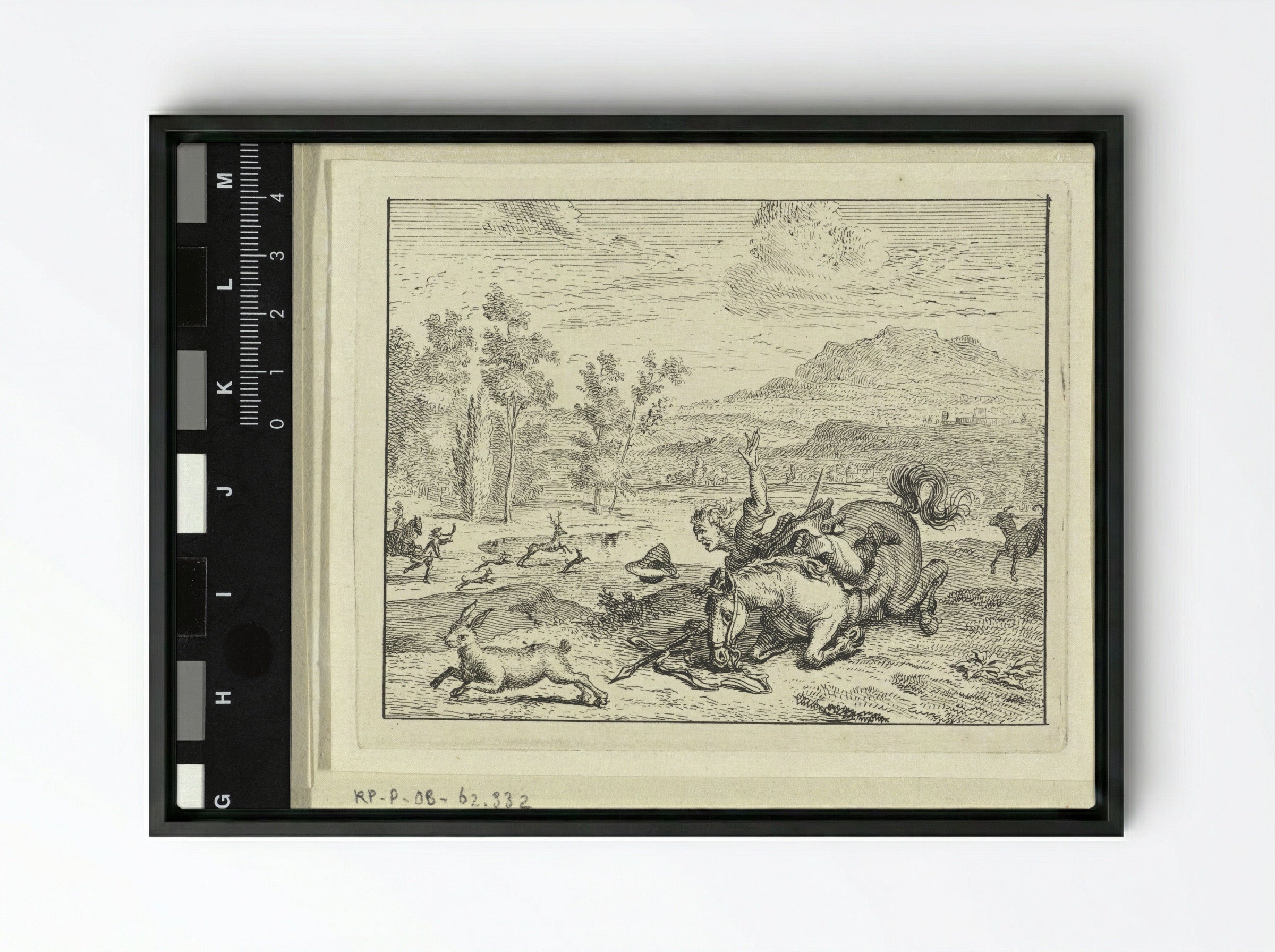 Jager valt van zijn paard (Hunter Falling from his Horse) - Vincent Laurensz. van der Vinne (II) - Framed Canvas Black