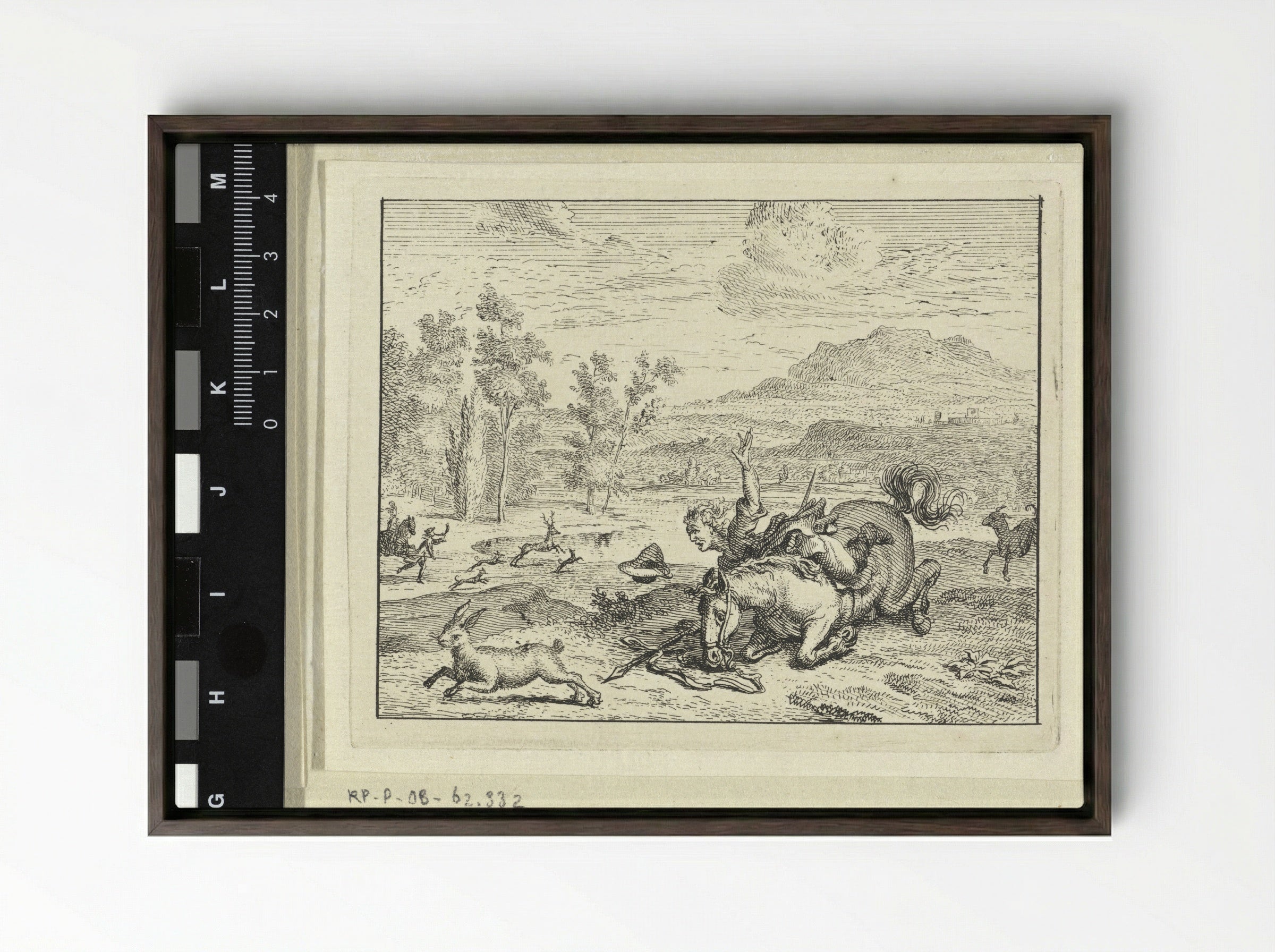 Jager valt van zijn paard (Hunter Falling from his Horse) - Vincent Laurensz. van der Vinne (II) - Framed Canvas Dark Wood