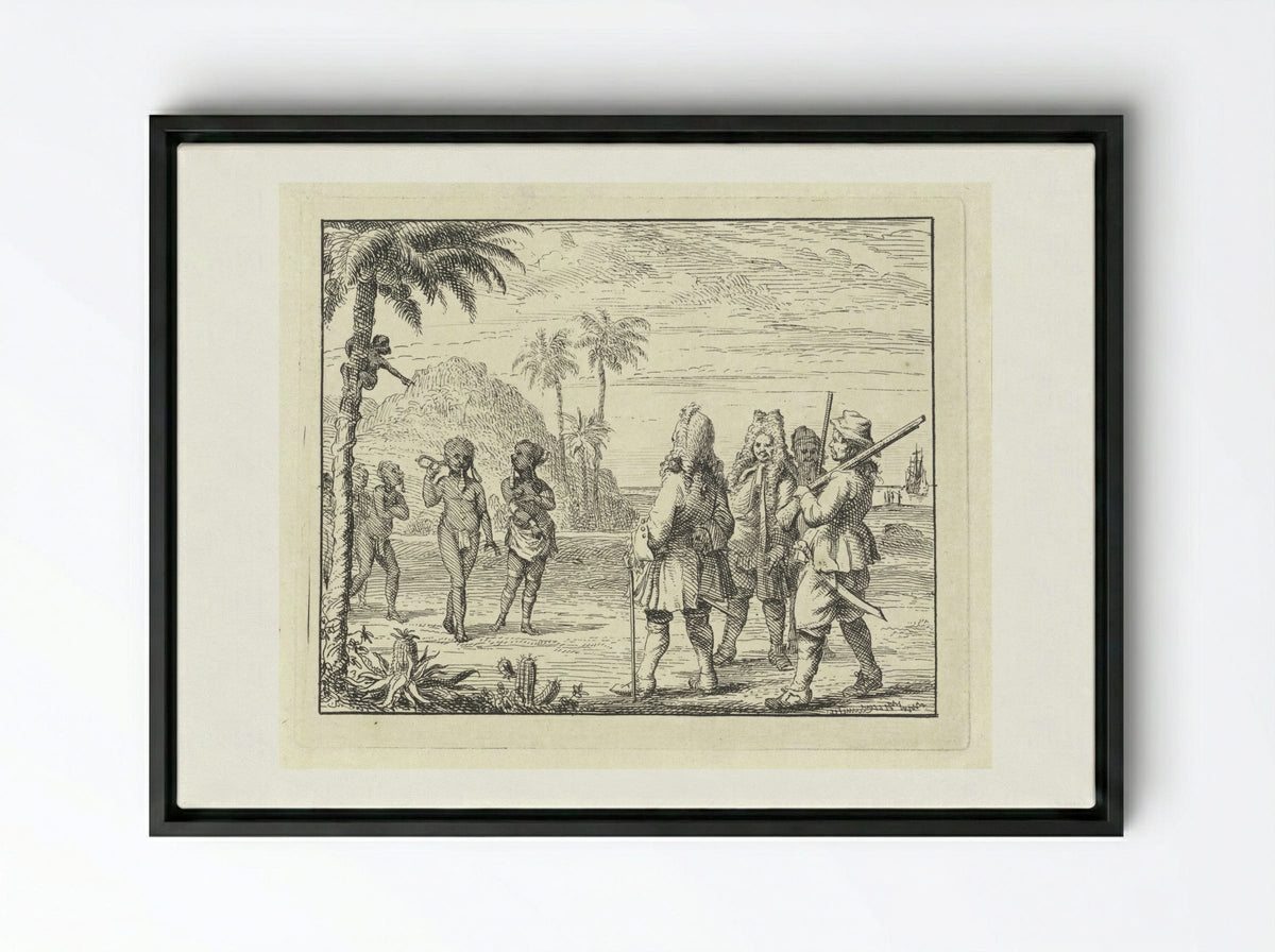 Ontmoeting tussen Afrikanen en Europeanen - Vincent Laurensz. van der Vinne (II) - Framed Canvas Black