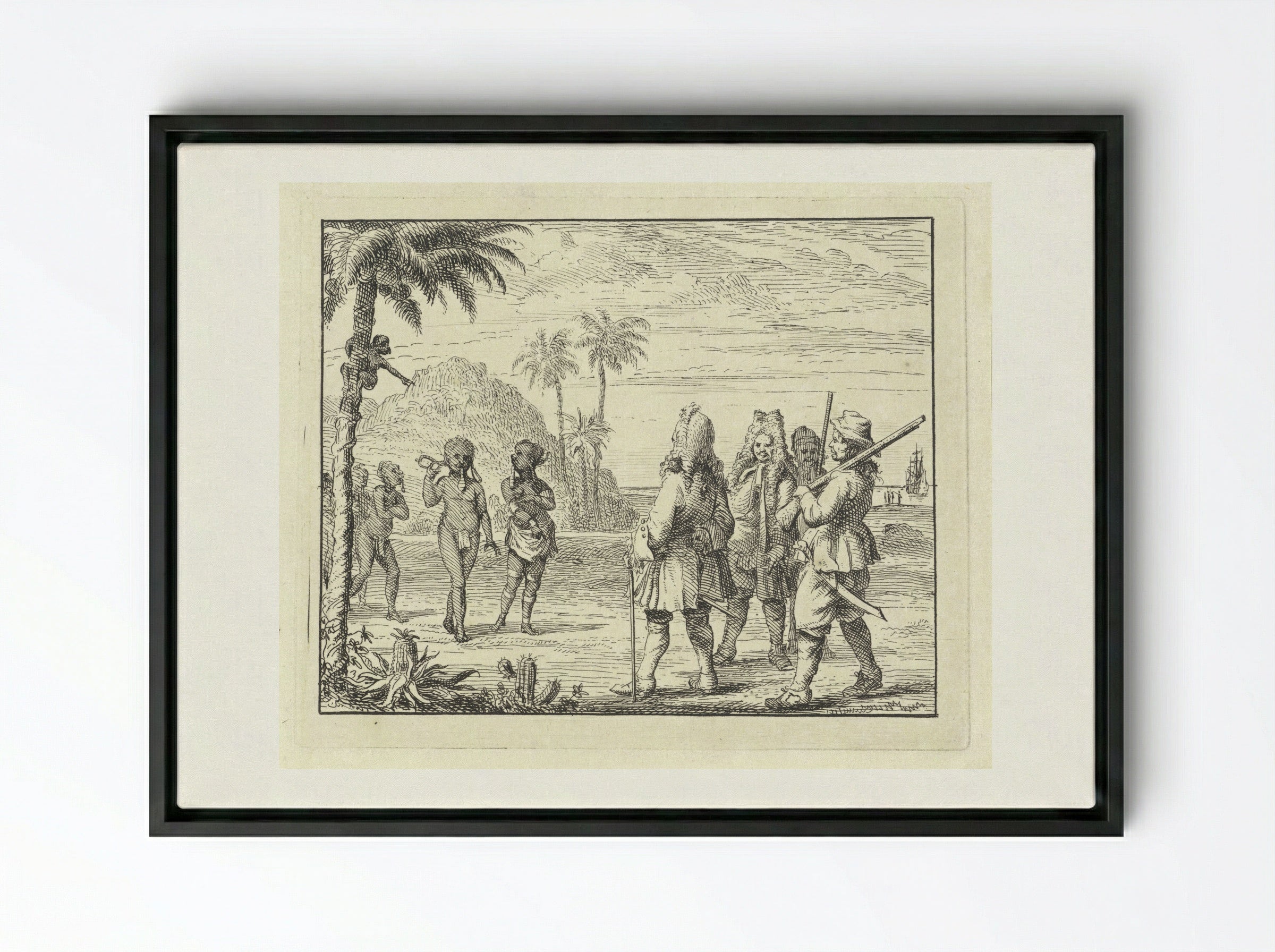 Ontmoeting tussen Afrikanen en Europeanen - Vincent Laurensz. van der Vinne (II) - Framed Canvas Black