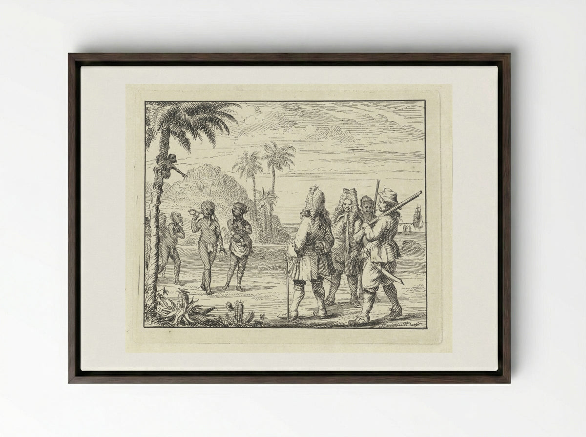 Ontmoeting tussen Afrikanen en Europeanen - Vincent Laurensz. van der Vinne (II) - Framed Canvas Dark Wood