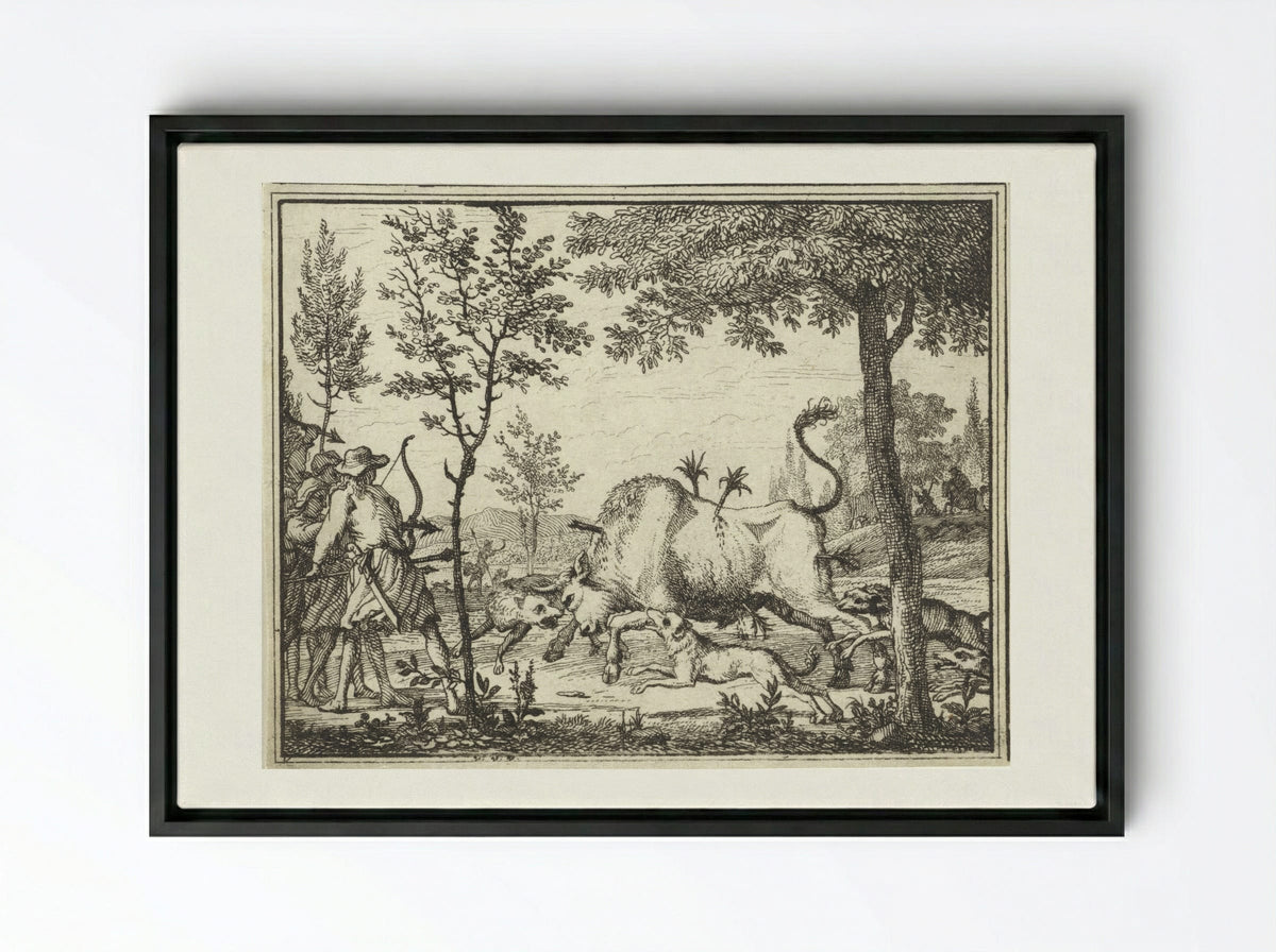 Hunters with Dogs Shooting Arrows at a Bull - Vincent Laurensz. van der Vinne (II) - Framed Canvas Black