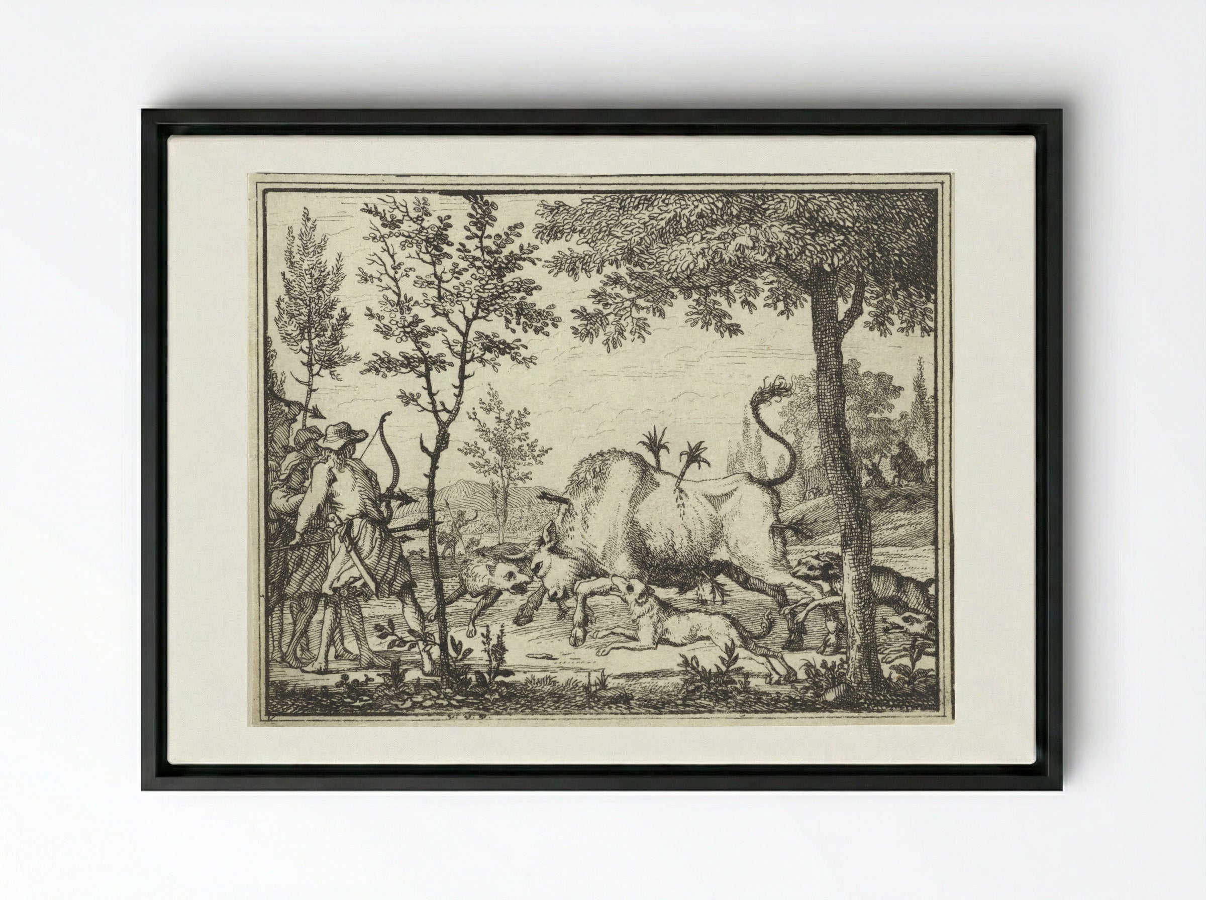 Hunters with Dogs Shooting Arrows at a Bull - Vincent Laurensz. van der Vinne (II) - Framed Canvas Black