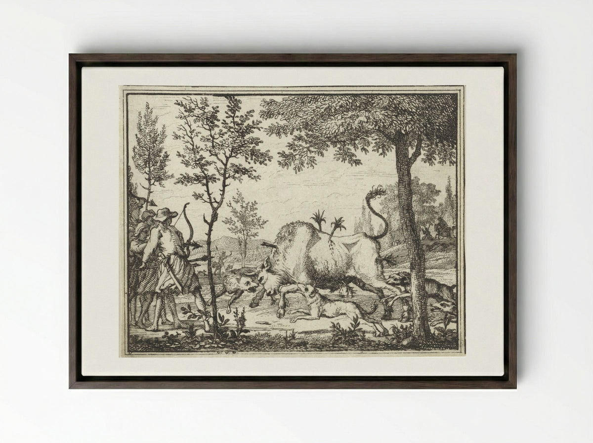 Hunters with Dogs Shooting Arrows at a Bull - Vincent Laurensz. van der Vinne (II) - Framed Canvas Dark Wood