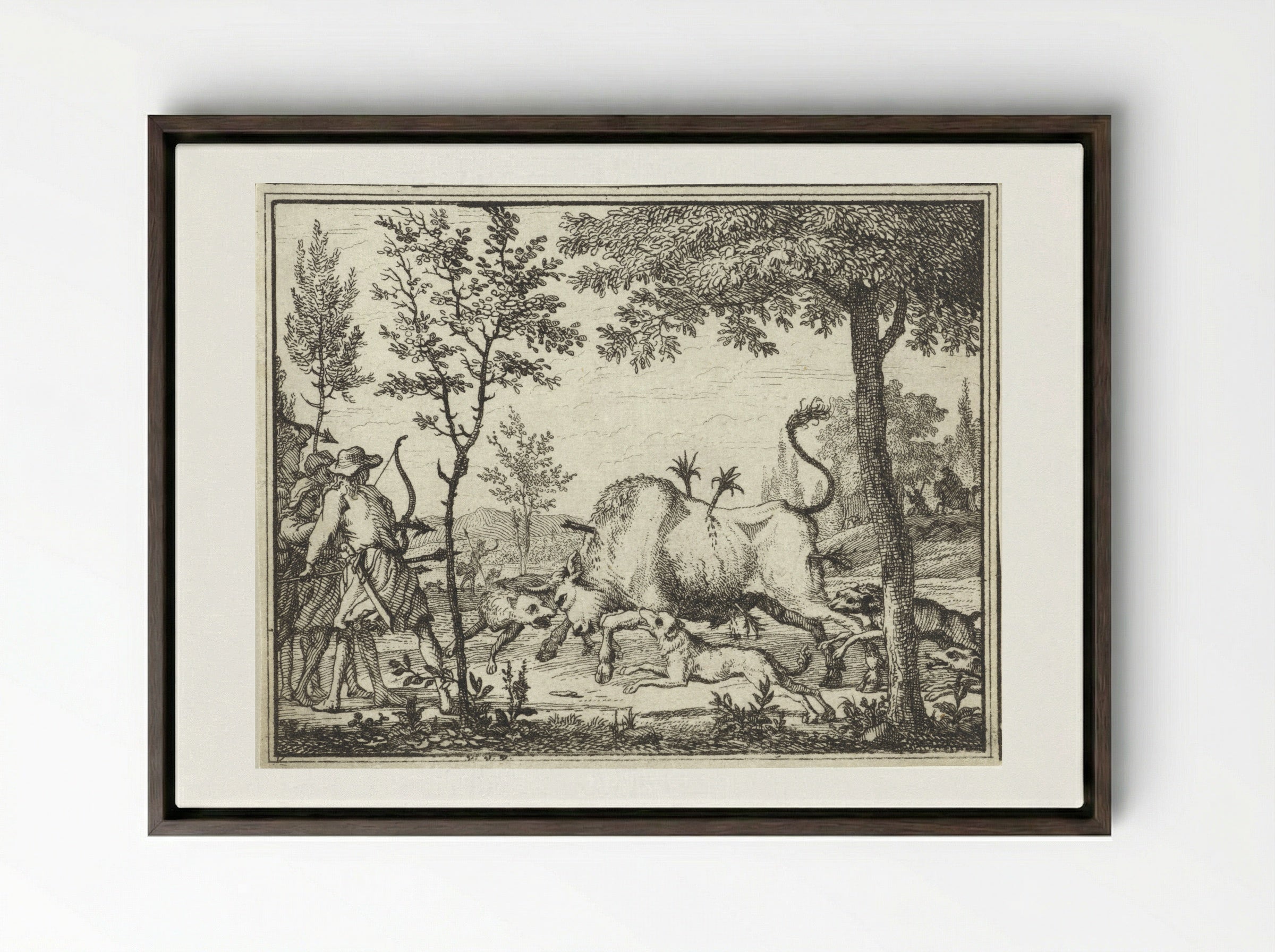 Hunters with Dogs Shooting Arrows at a Bull - Vincent Laurensz. van der Vinne (II) - Framed Canvas Dark Wood
