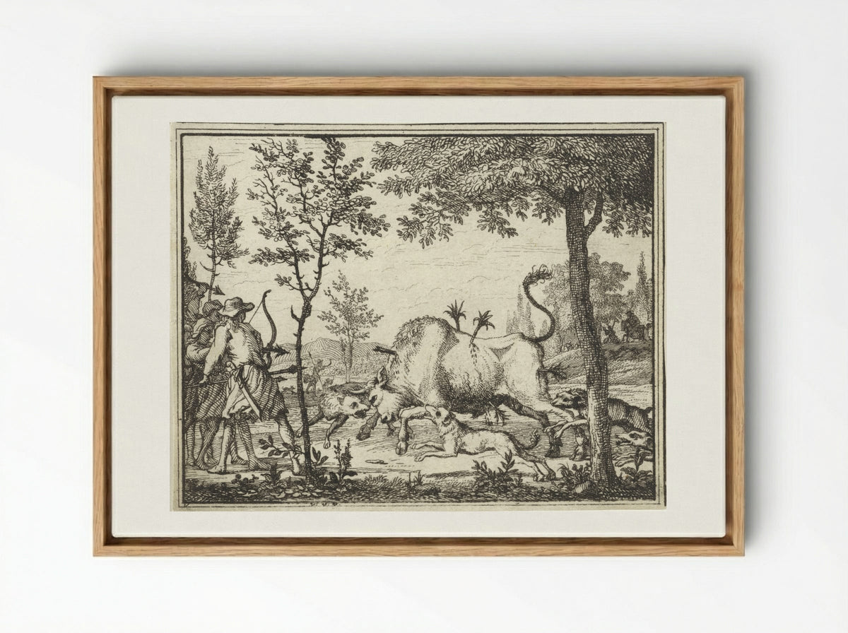 Hunters with Dogs Shooting Arrows at a Bull - Vincent Laurensz. van der Vinne (II) - Framed Canvas Wood