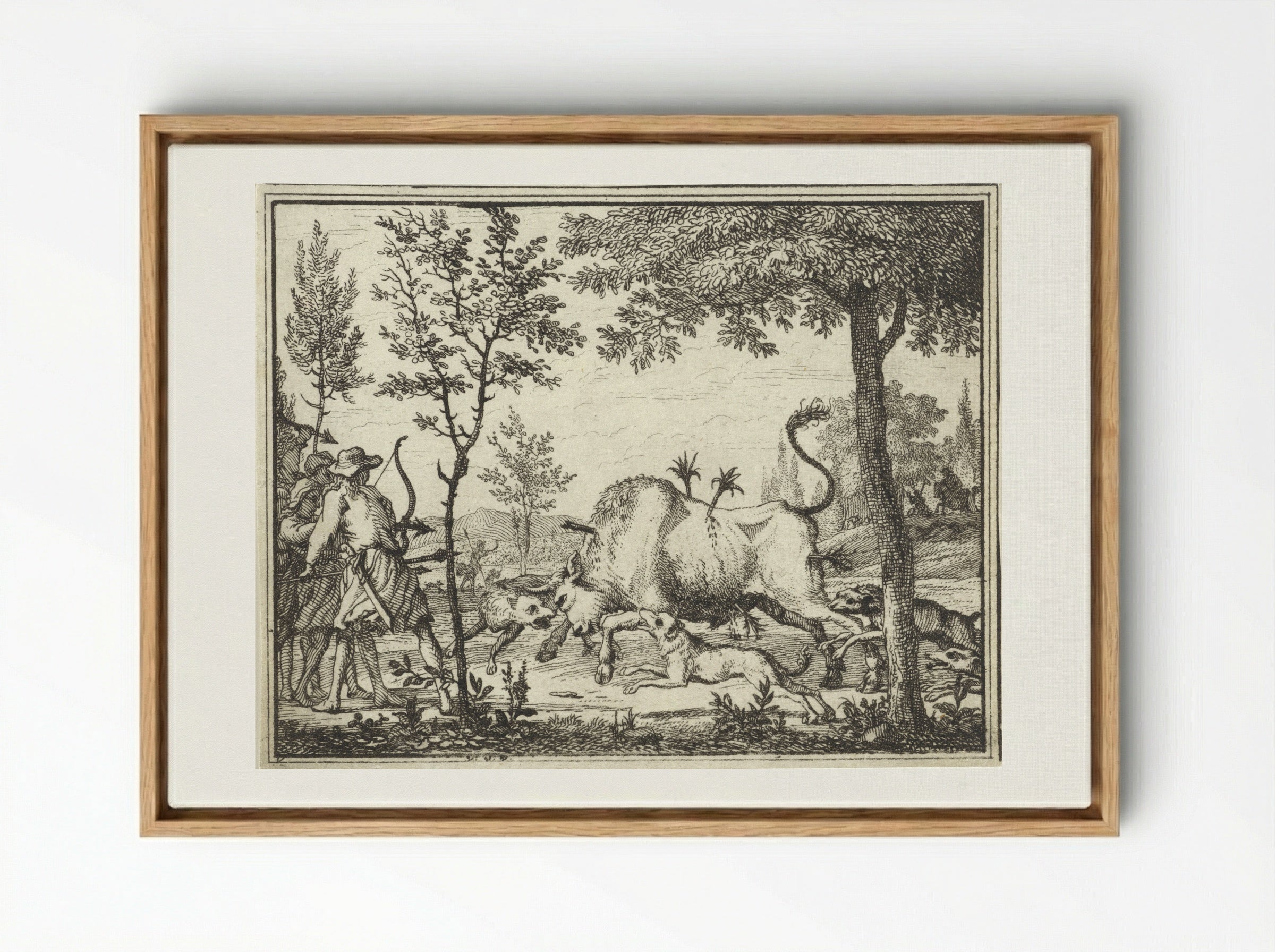 Hunters with Dogs Shooting Arrows at a Bull - Vincent Laurensz. van der Vinne (II) - Framed Canvas Wood