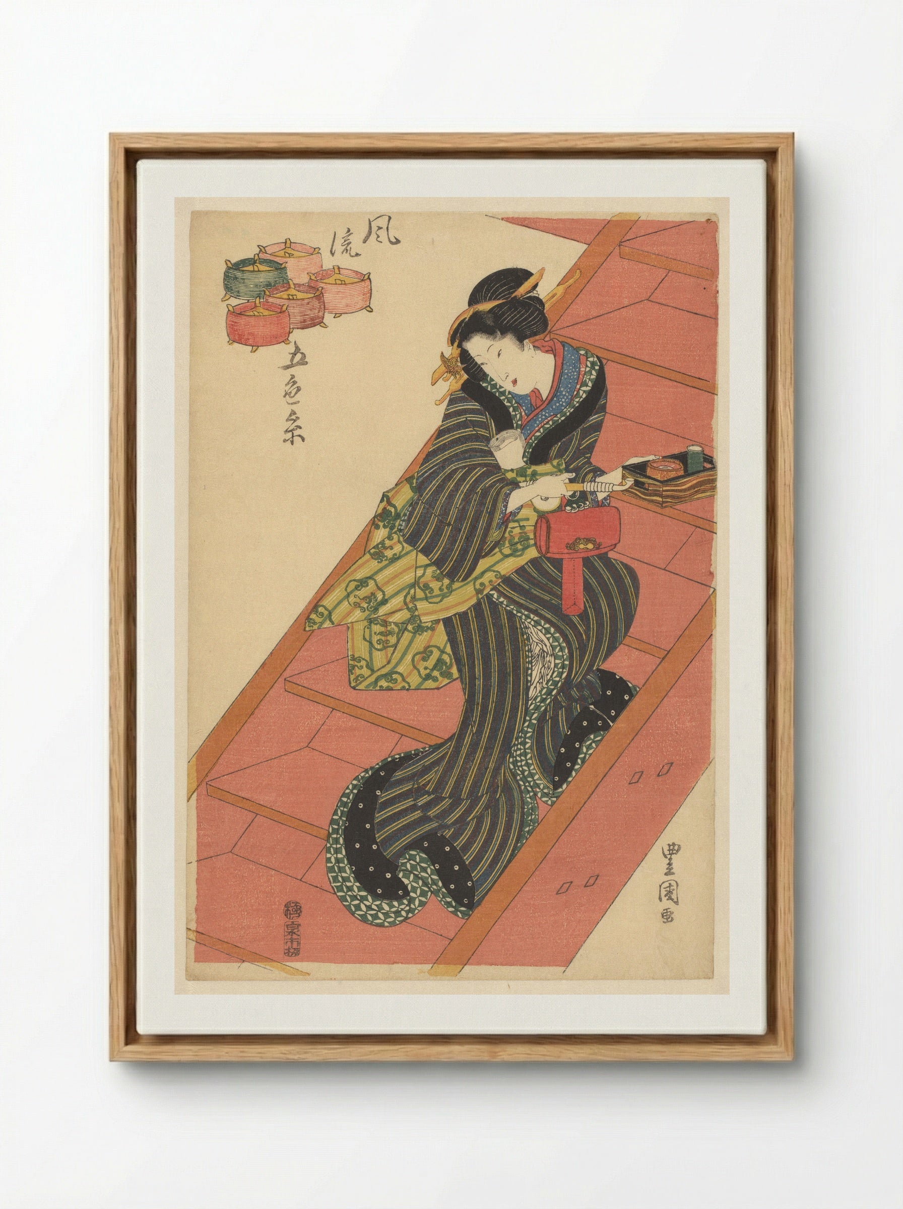 Courtesan on Stairs - Utagawa Toyokuni I - Framed Canvas Wood