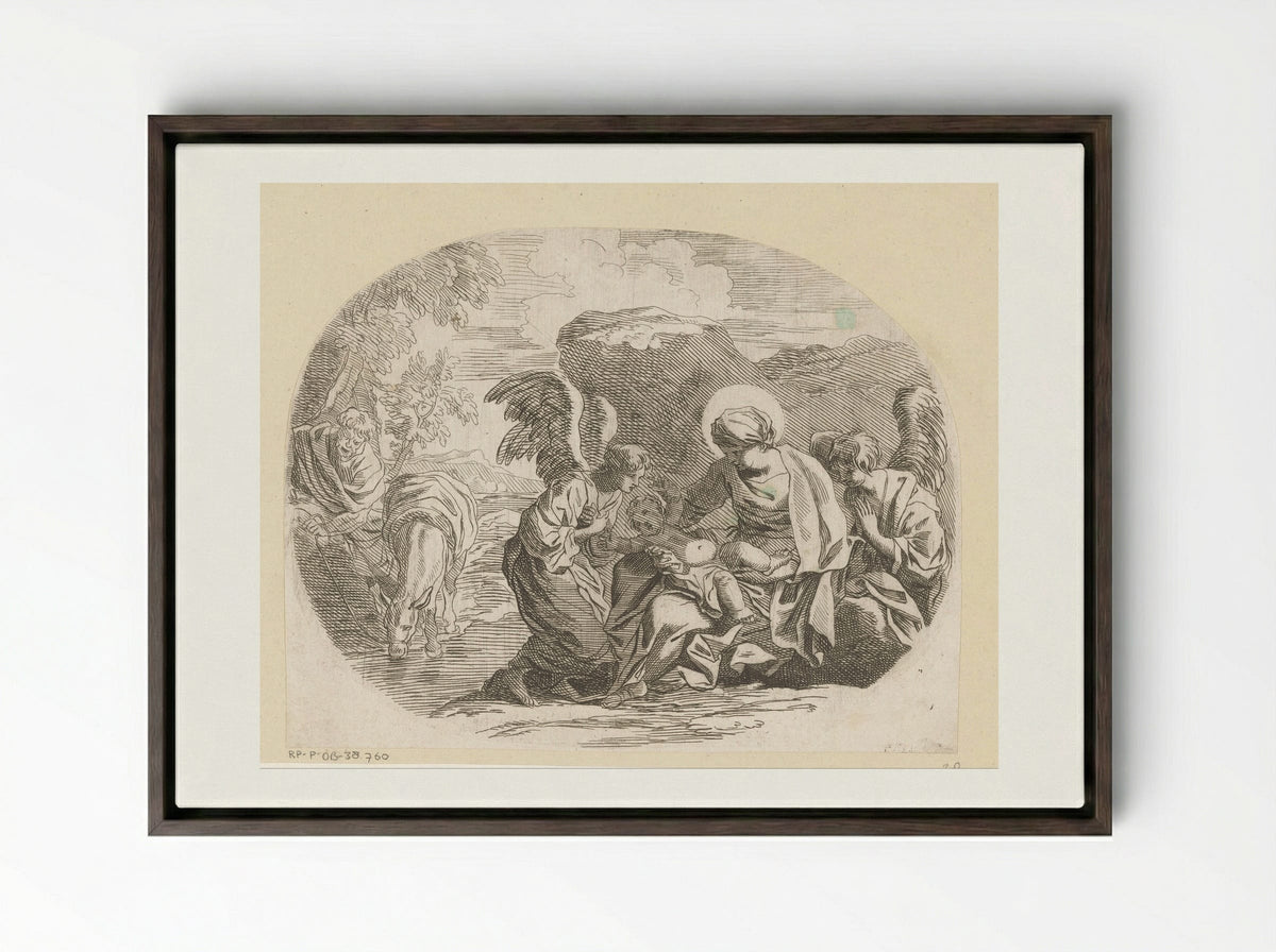 Rest on the Flight into Egypt - Sébastien Bourdon - Framed Canvas Dark Wood