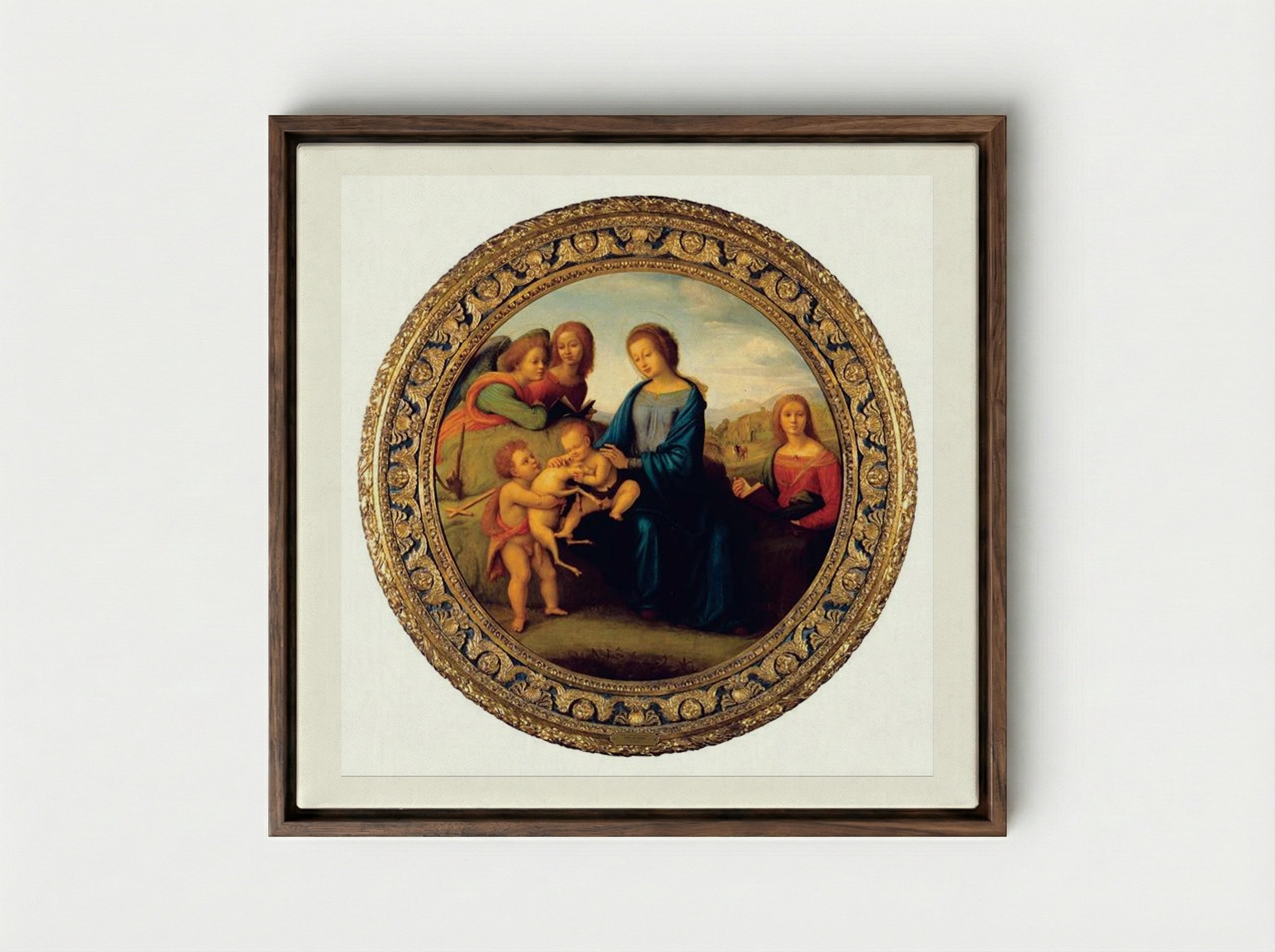 Madonna and Child with Saints and Angels - Piero di Cosimo - Framed Canvas Dark Wood