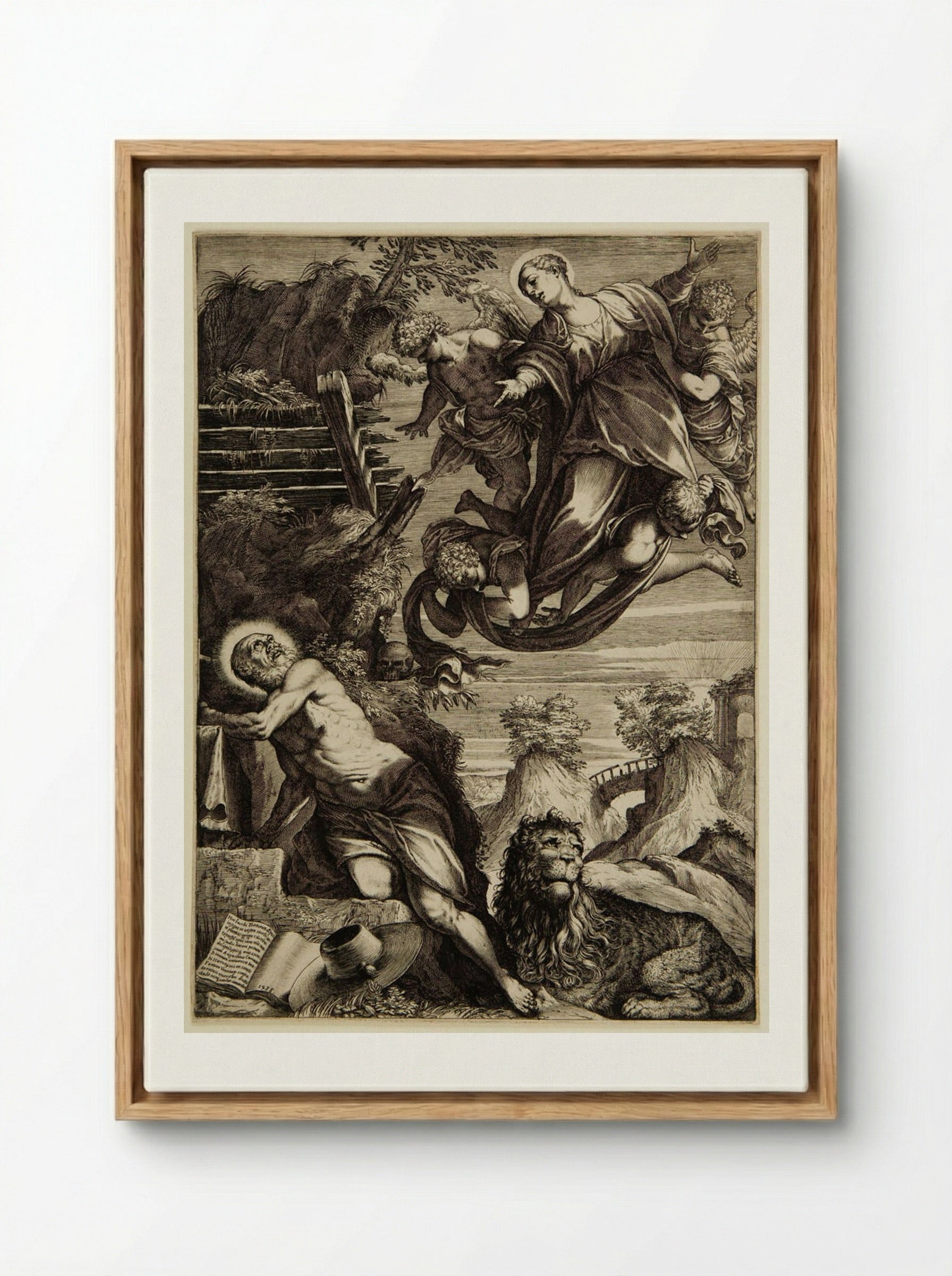 The Virgin Appearing to Saint Jerome - Agostino Carracci - Framed Canvas Wood