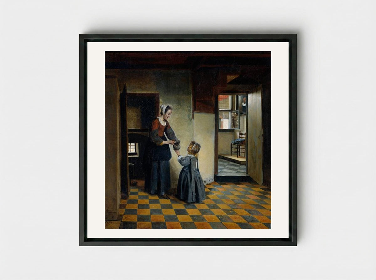 Woman and a Child in a Pantry - Pieter de Hooch - Framed Canvas Black