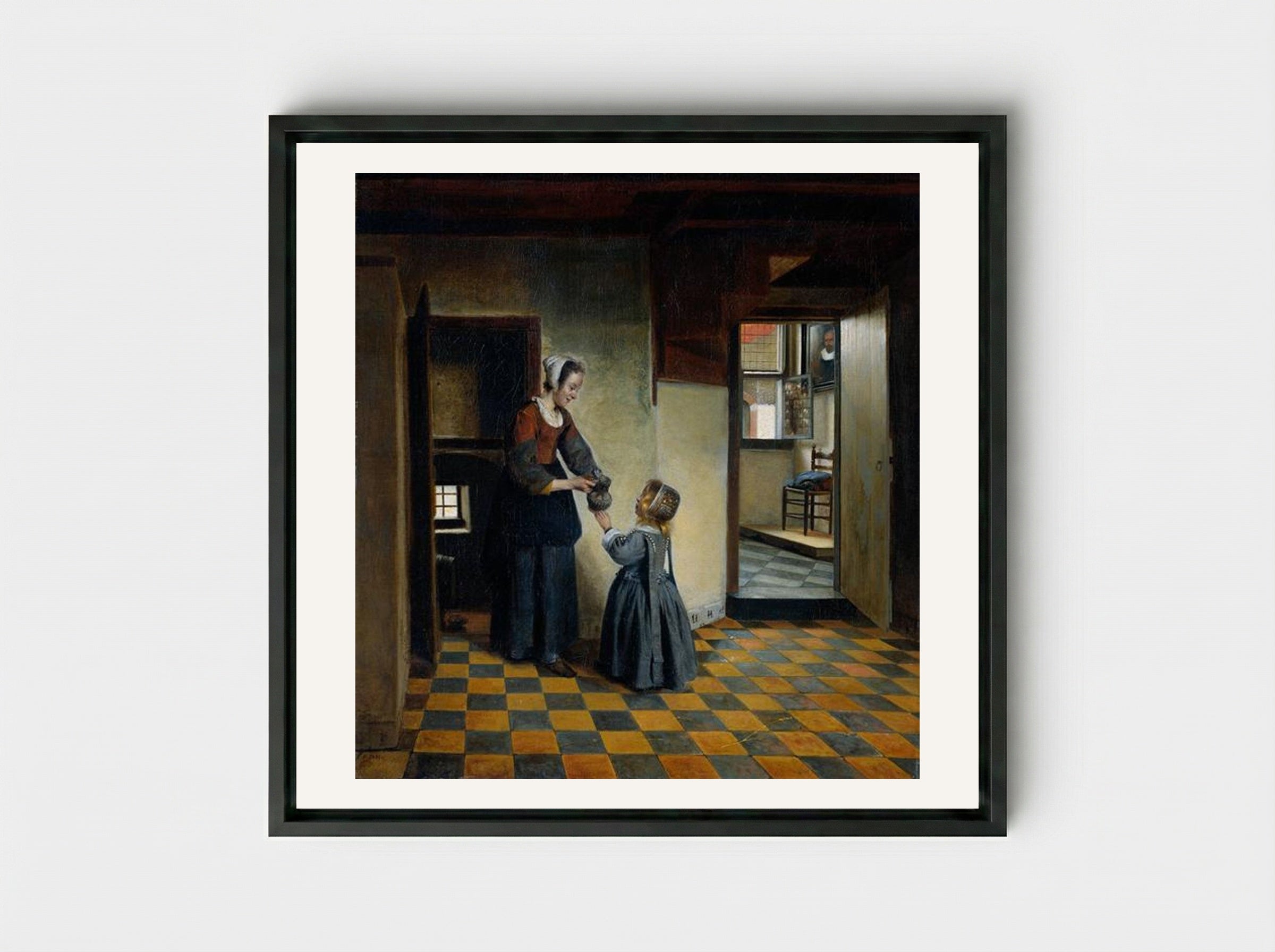 Woman and a Child in a Pantry - Pieter de Hooch - Framed Canvas Black