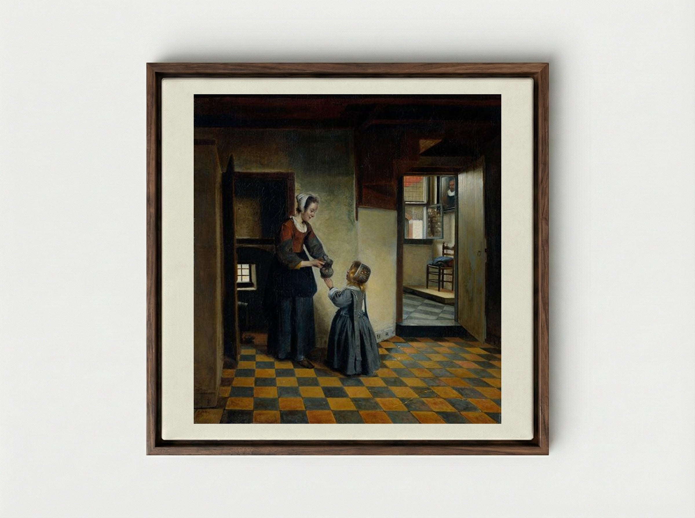 Woman and a Child in a Pantry - Pieter de Hooch - Framed Canvas Dark Wood