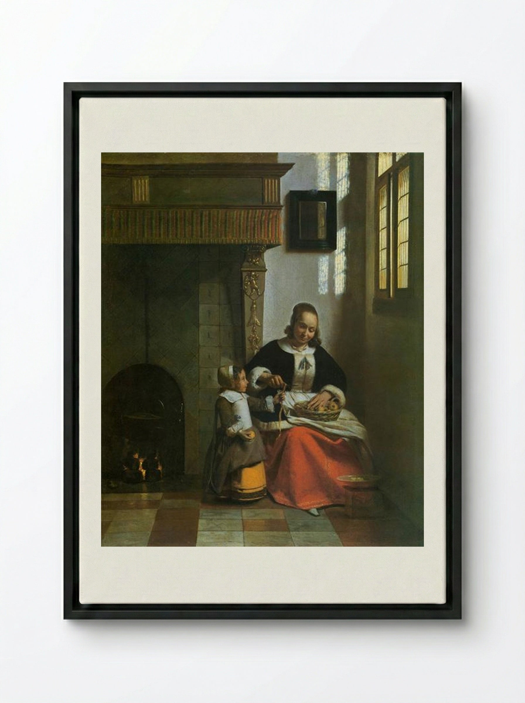 A Woman Peeling Apples - Pieter de Hooch - Framed Canvas Black