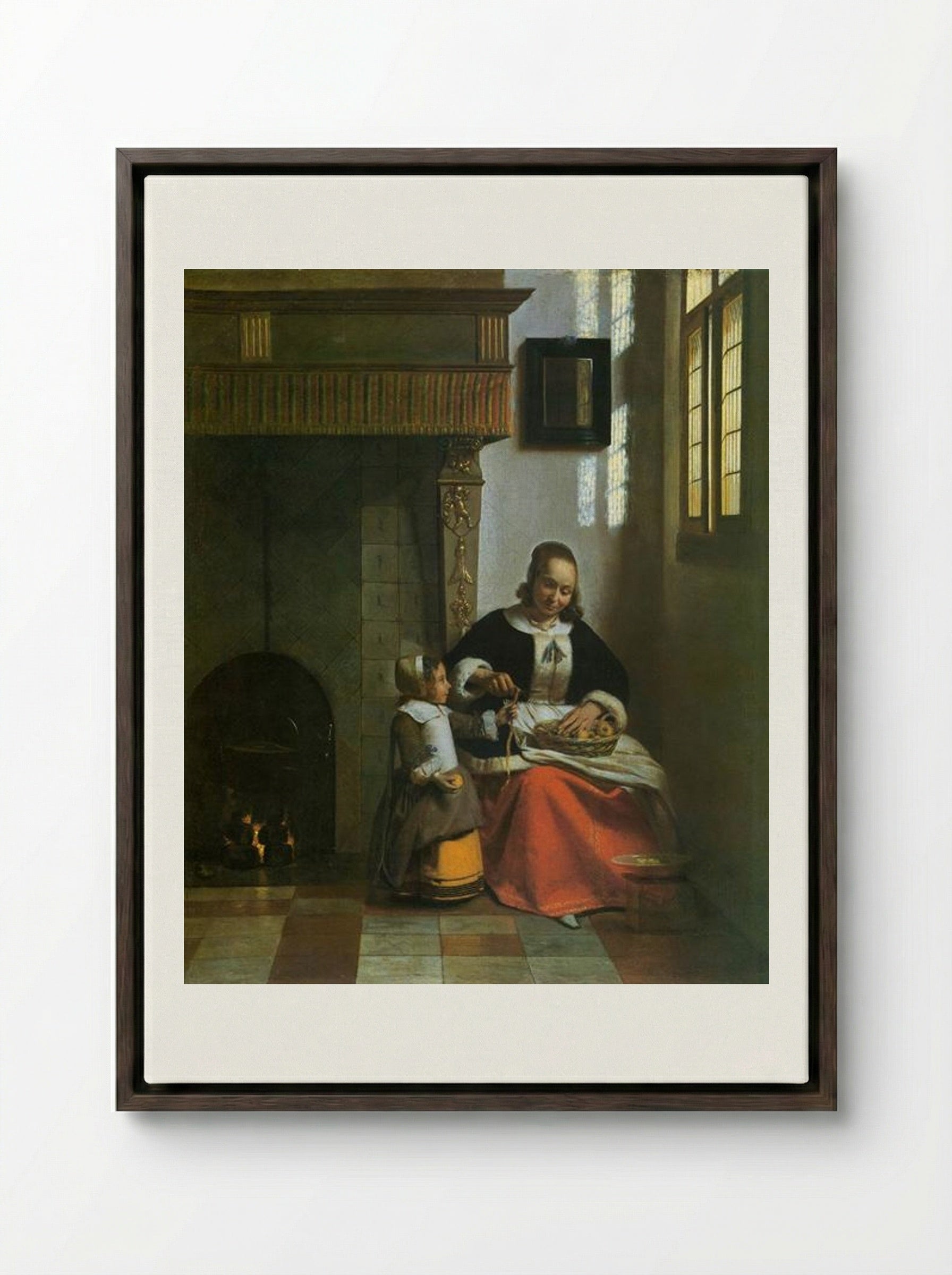 A Woman Peeling Apples - Pieter de Hooch - Framed Canvas Dark Wood