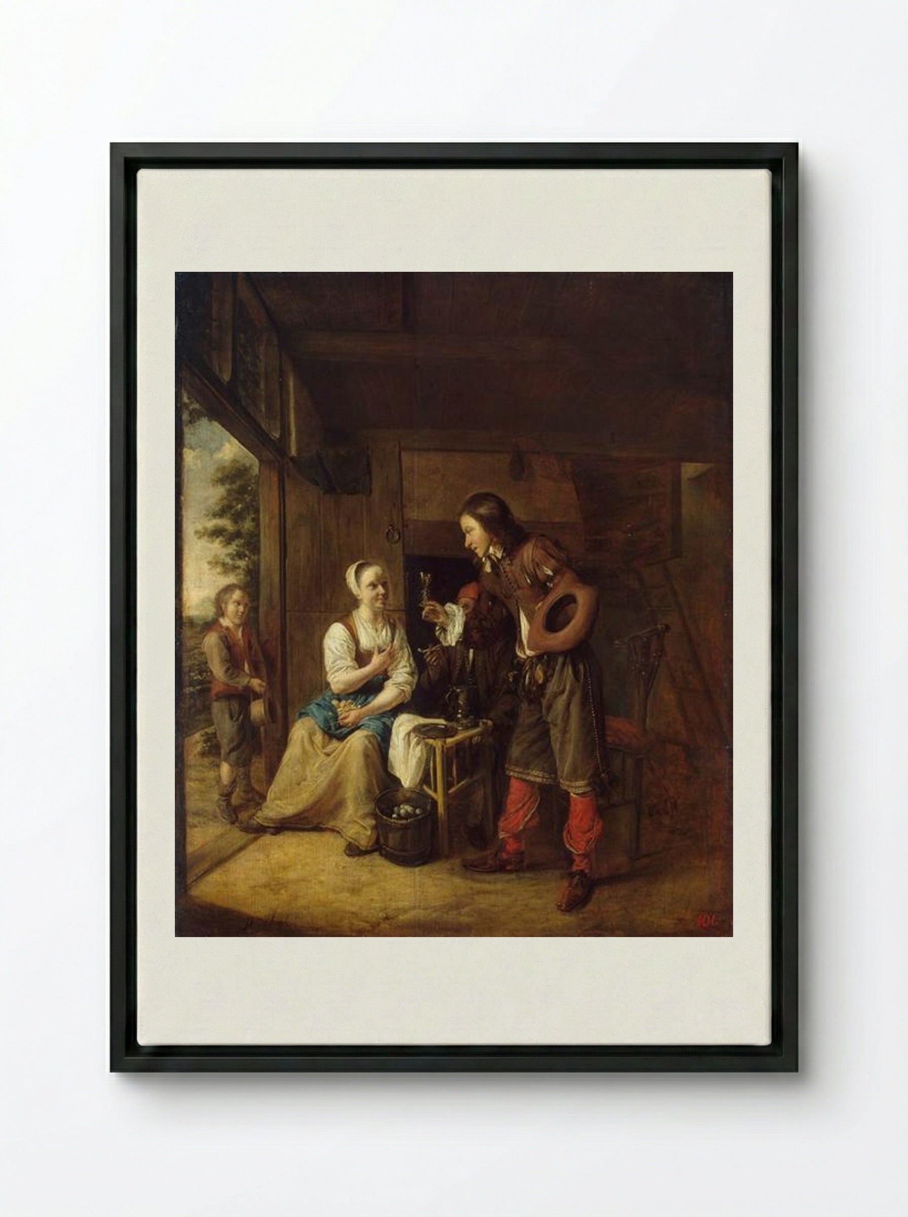 Man Offering a Glass of Wine to a Woman - Pieter de Hooch - Framed Canvas Black