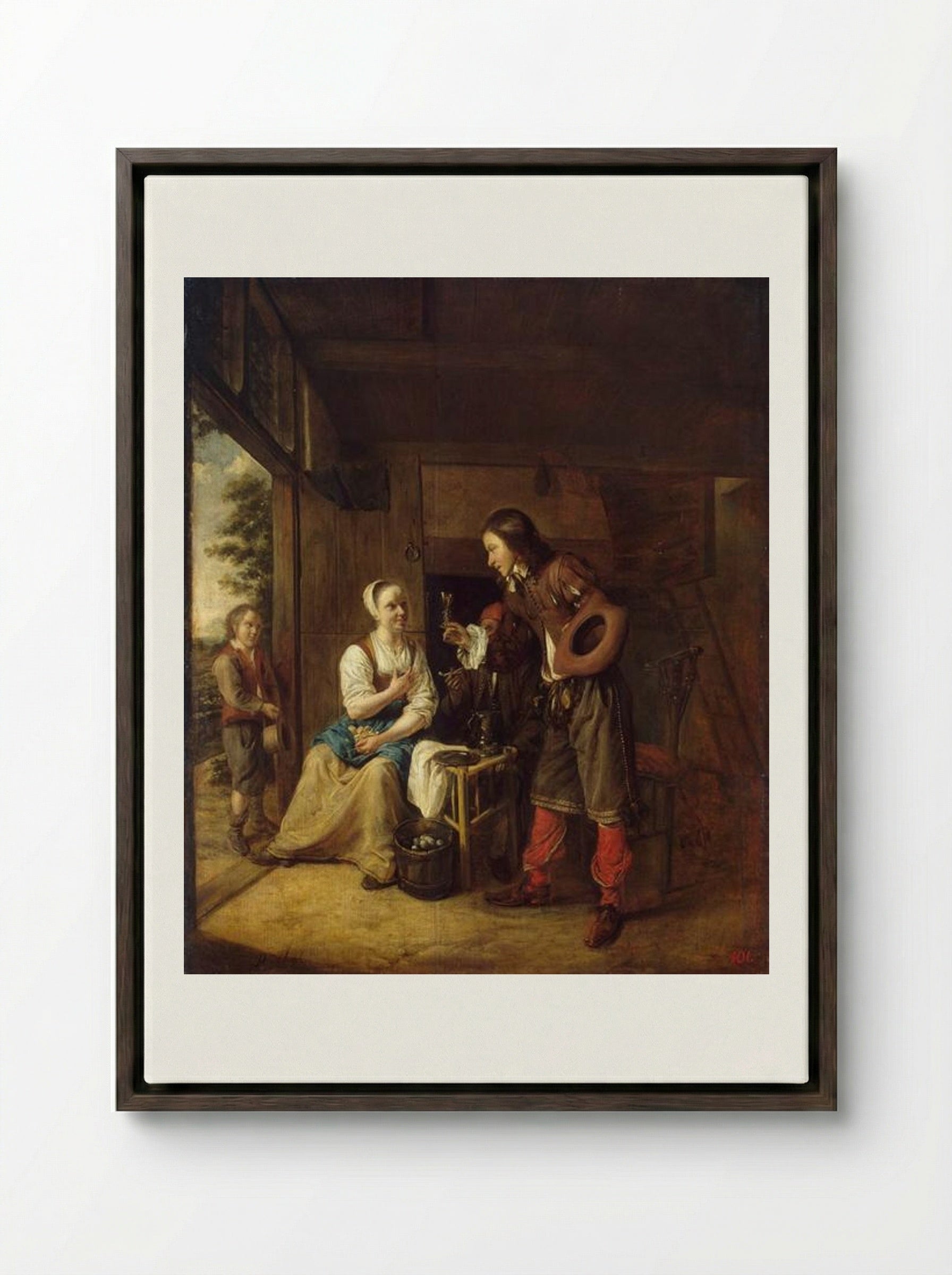 Man Offering a Glass of Wine to a Woman - Pieter de Hooch - Framed Canvas Dark Wood