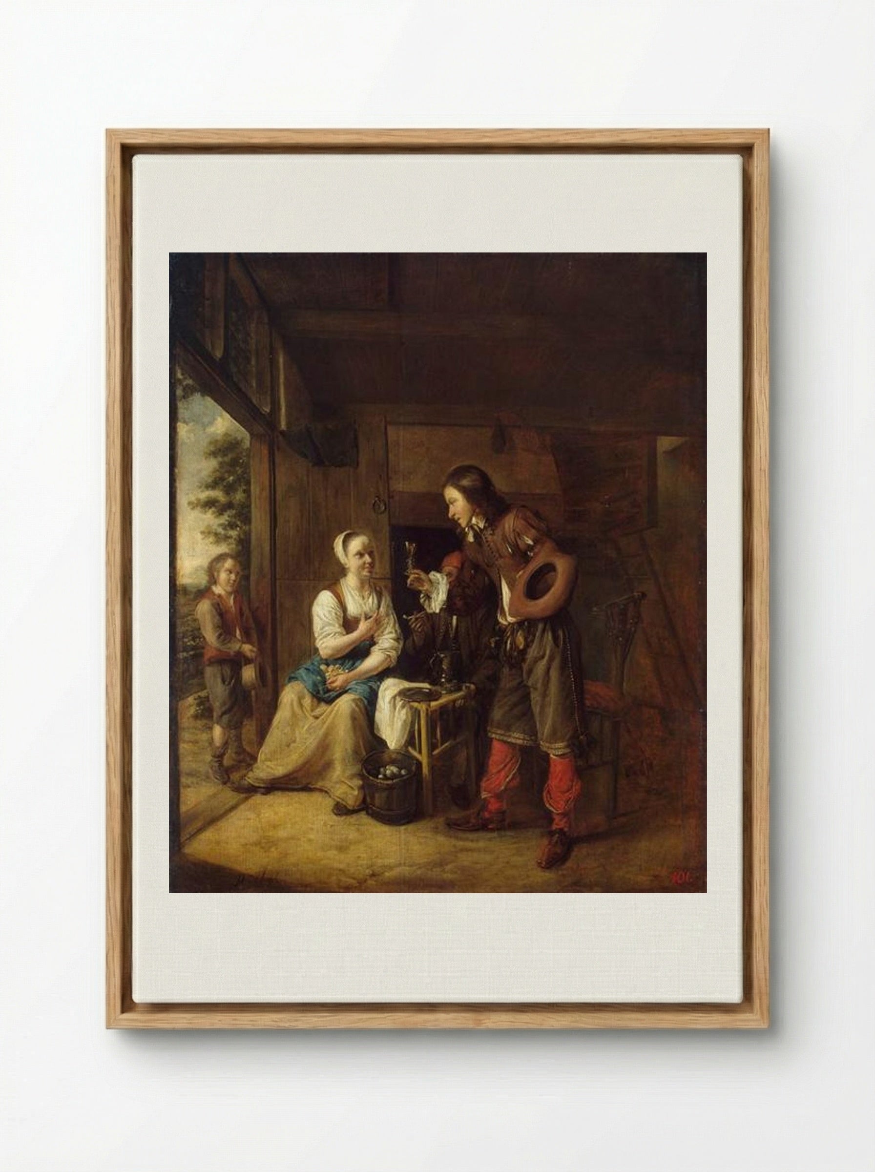 Man Offering a Glass of Wine to a Woman - Pieter de Hooch - Framed Canvas Wood