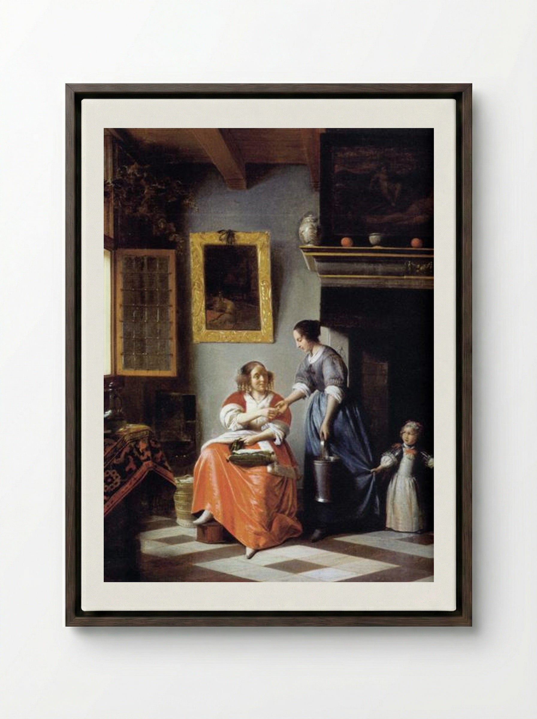 Woman Hands Over Money to Her Servant - Pieter de Hooch - Framed Canvas Dark Wood