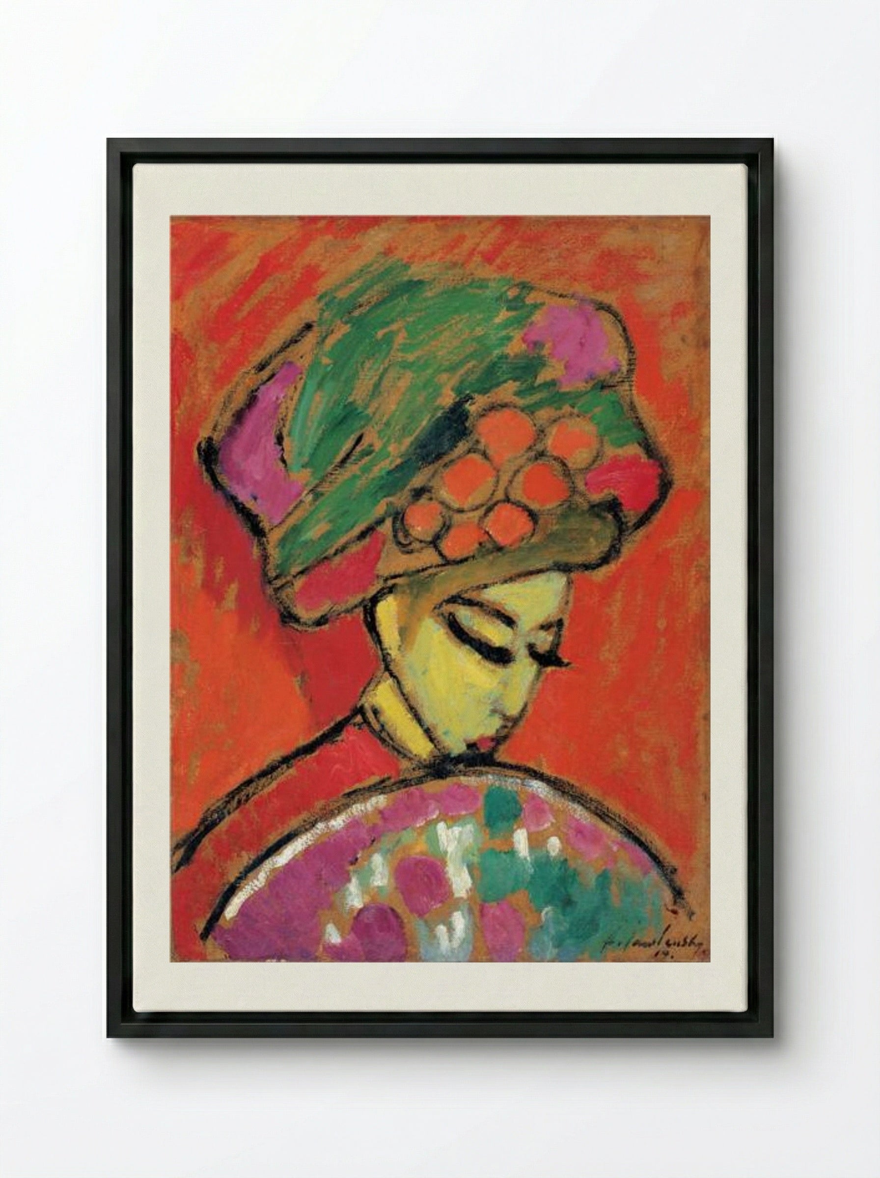 Young Girl with a Flowered Hat - Alexej von Jawlensky - Framed Canvas Black