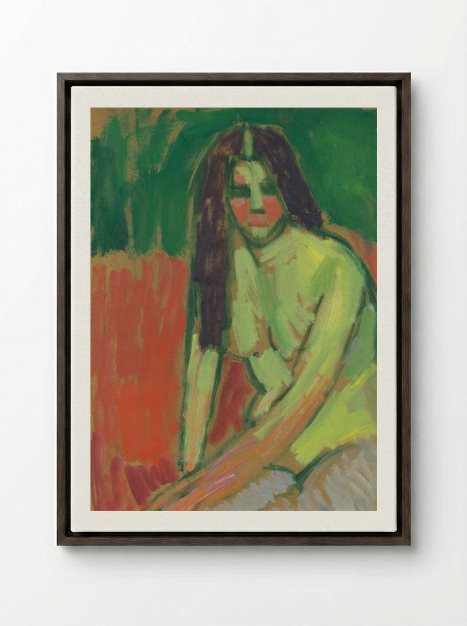 Half-nude figure with long hair sitting bent - Alexej von Jawlensky - Framed Canvas Dark Wood
