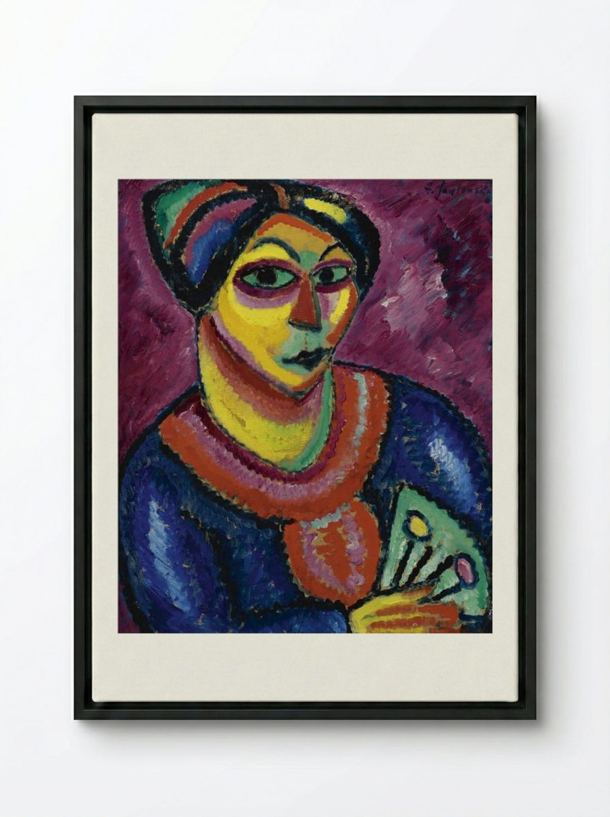 Woman with a Green Fan - Alexej von Jawlensky - Framed Canvas Black