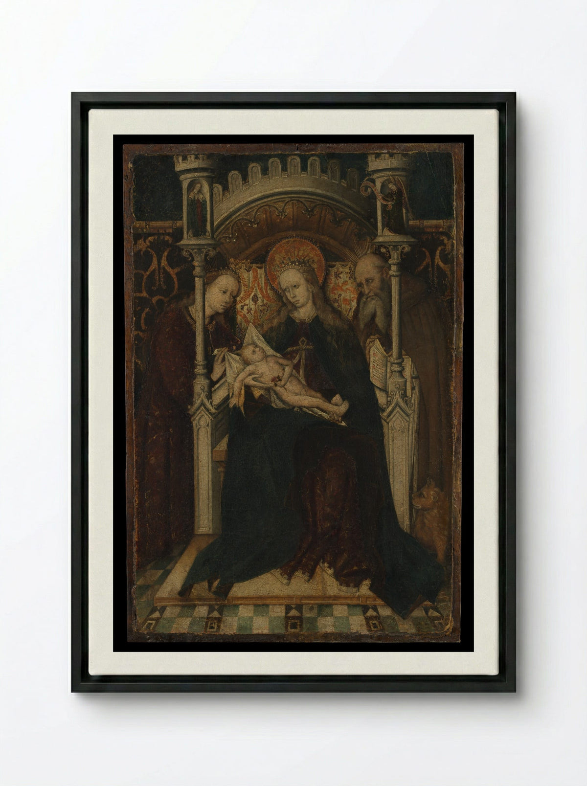 Virgin and Child Enthroned with Saints Catherine and Jerome - Spanish Painter - Framed Canvas Black