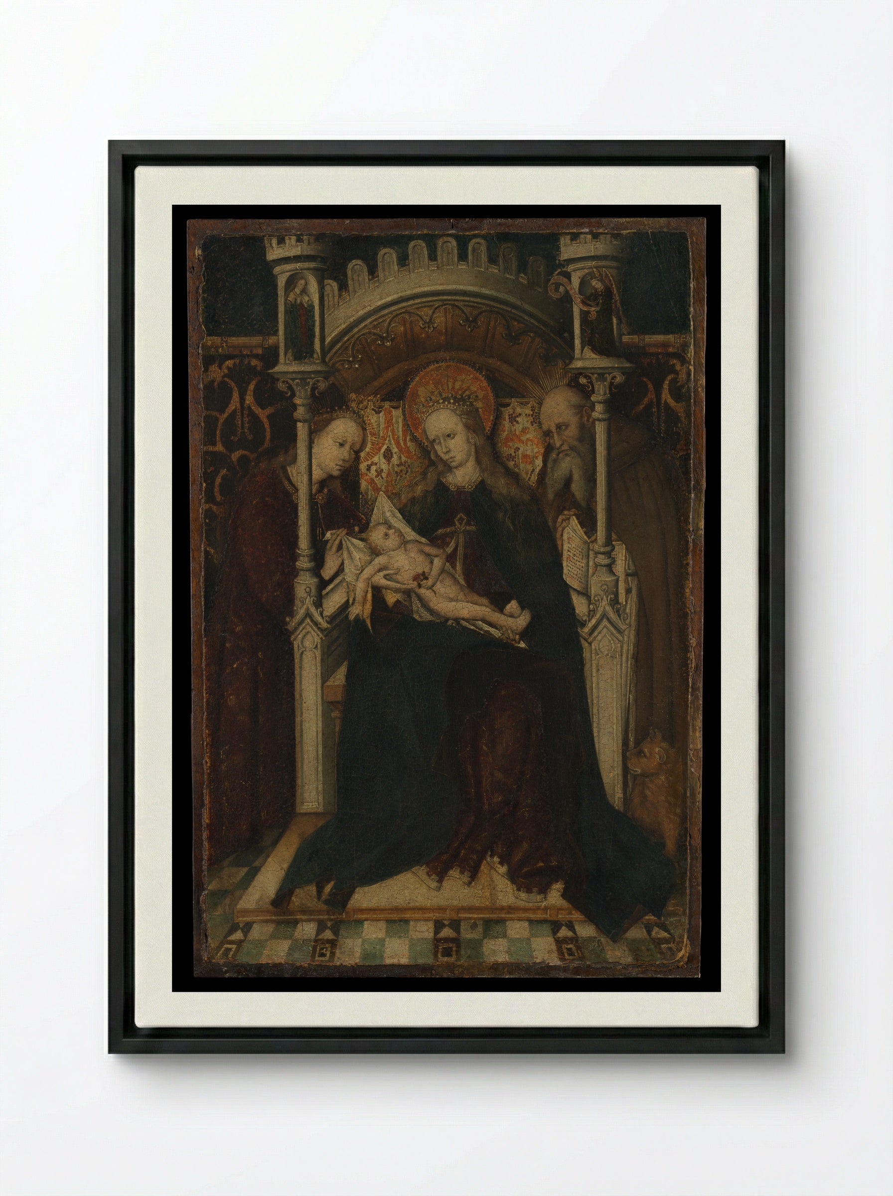 Virgin and Child Enthroned with Saints Catherine and Jerome - Spanish Painter - Framed Canvas Black