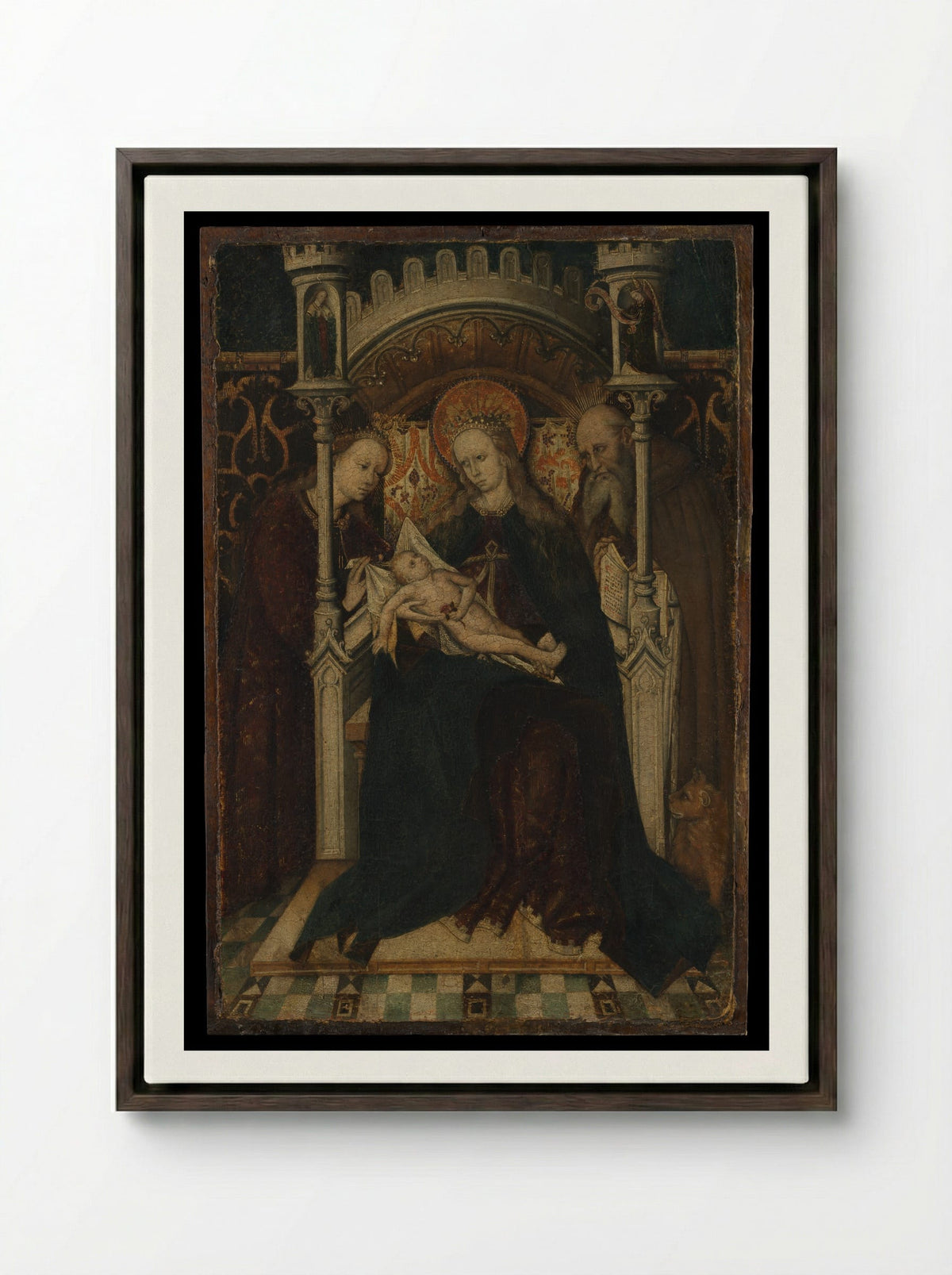 Virgin and Child Enthroned with Saints Catherine and Jerome - Spanish Painter - Framed Canvas Dark Wood