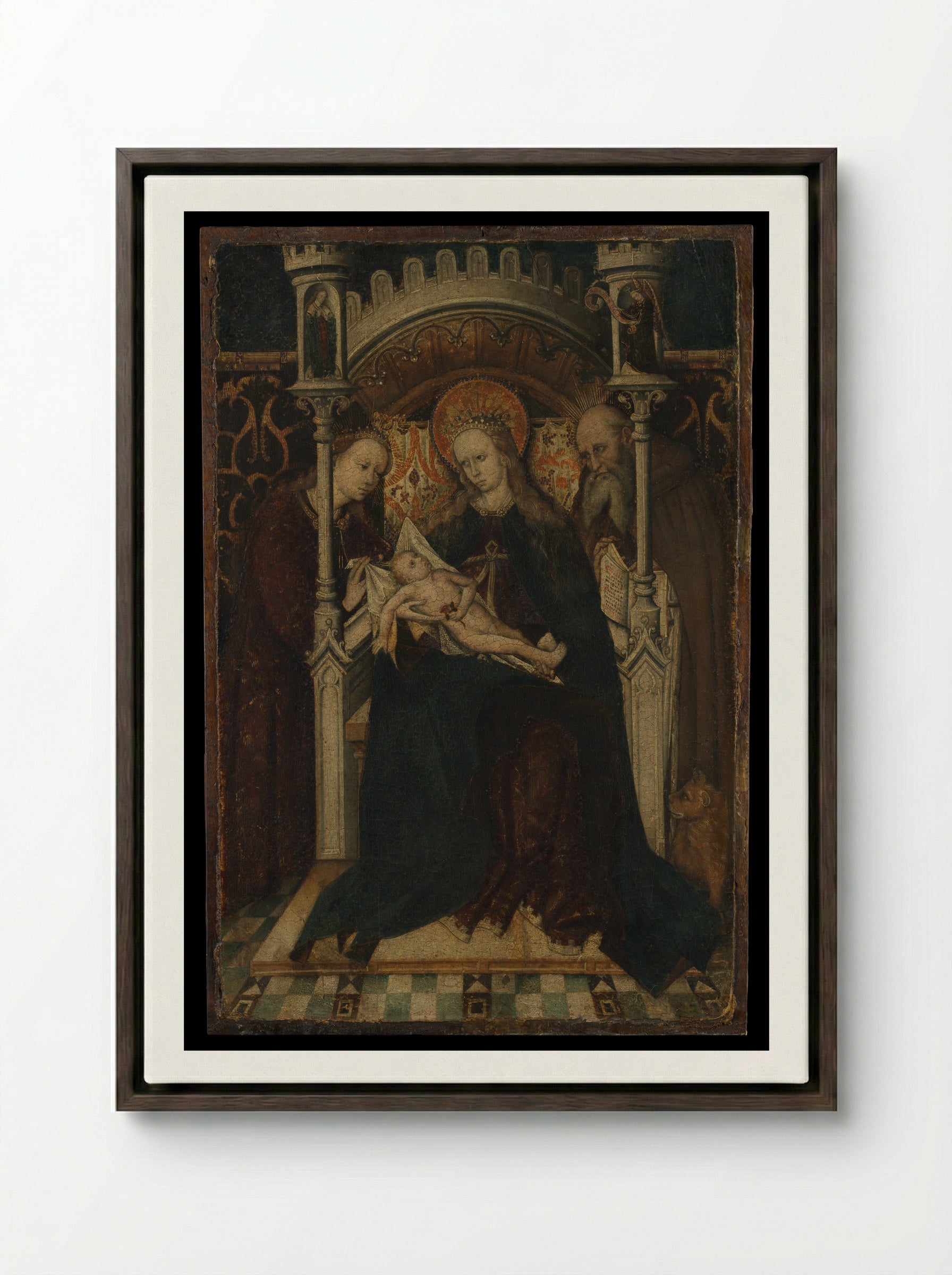 Virgin and Child Enthroned with Saints Catherine and Jerome - Spanish Painter - Framed Canvas Dark Wood