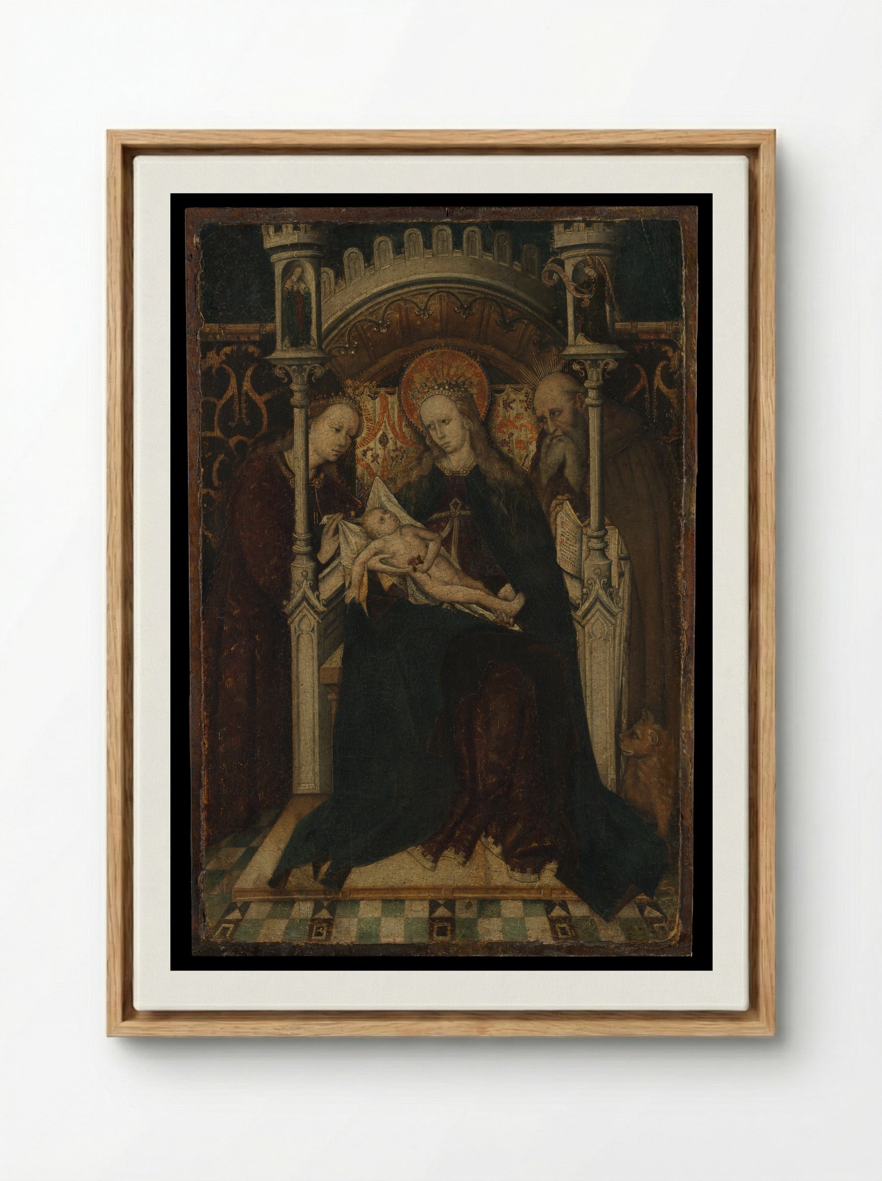 Virgin and Child Enthroned with Saints Catherine and Jerome - Spanish Painter - Framed Canvas Wood