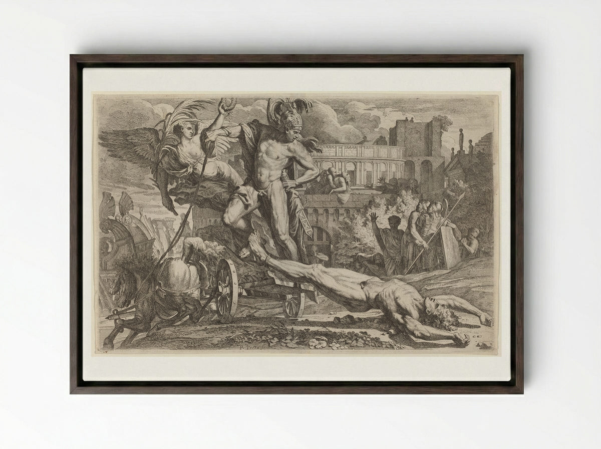 Achilles Dragging the Body of Hector - Pietro Testa - Framed Canvas Dark Wood