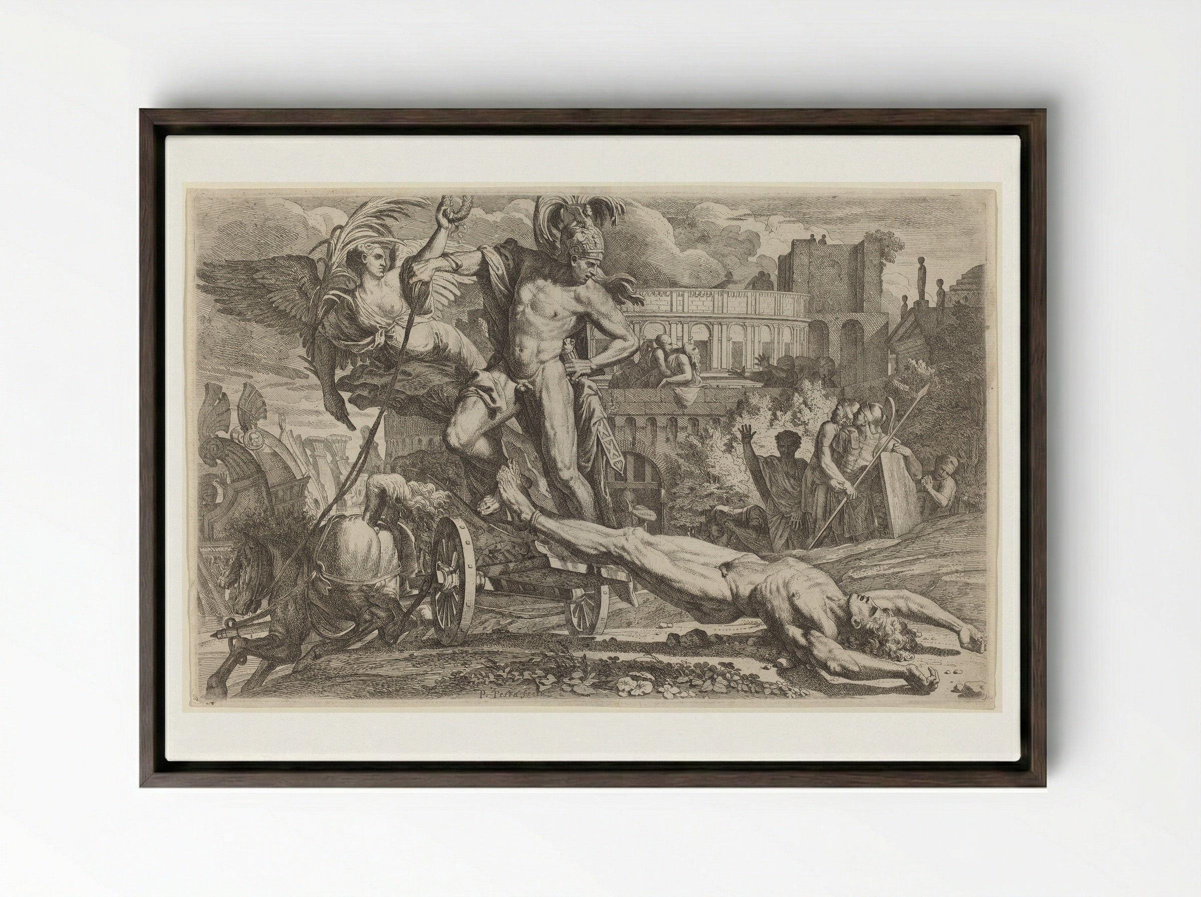 Achilles Dragging the Body of Hector - Pietro Testa - Framed Canvas Dark Wood