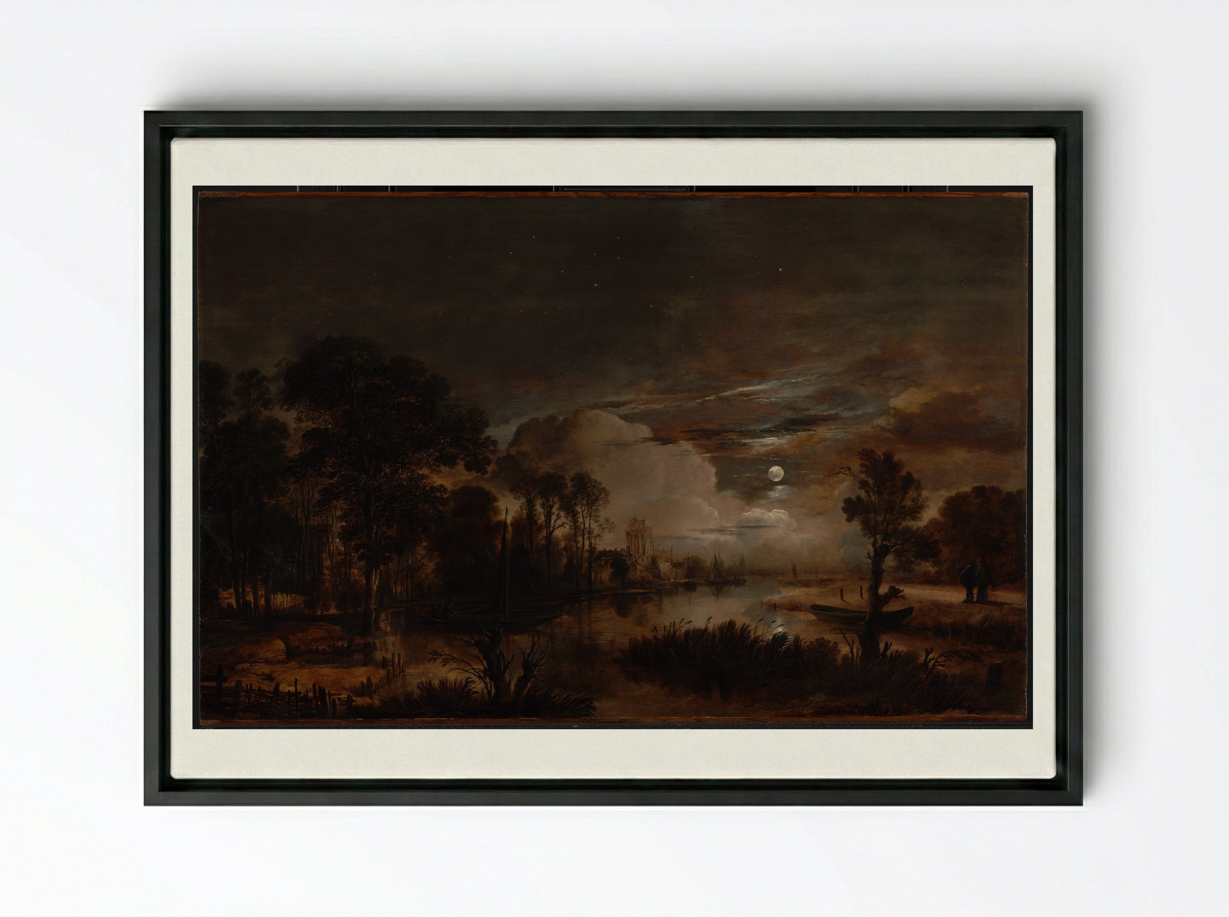 River Landscape with Fishermen - Aert van der Neer - Framed Canvas Black