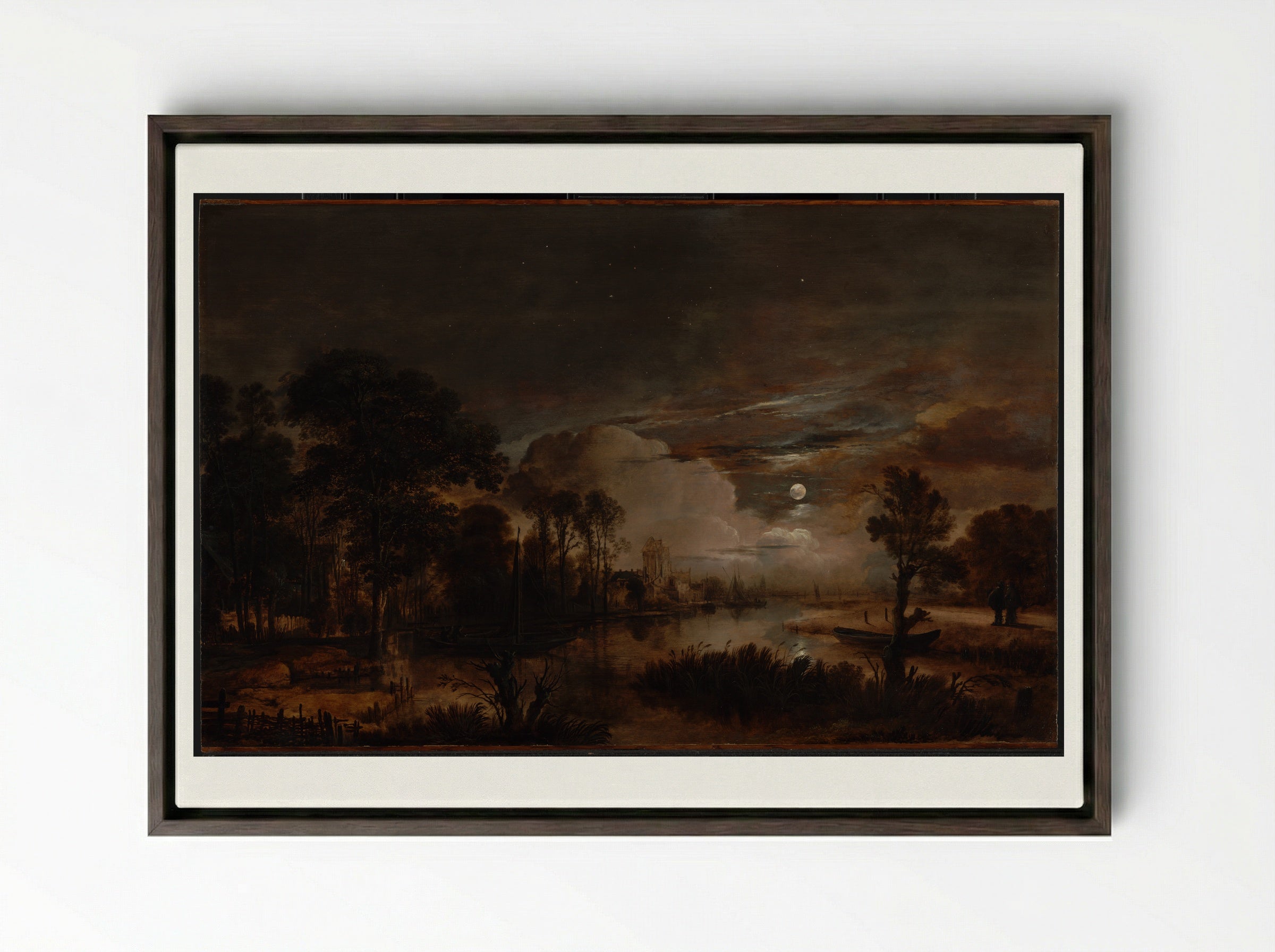River Landscape with Fishermen - Aert van der Neer - Framed Canvas Dark Wood
