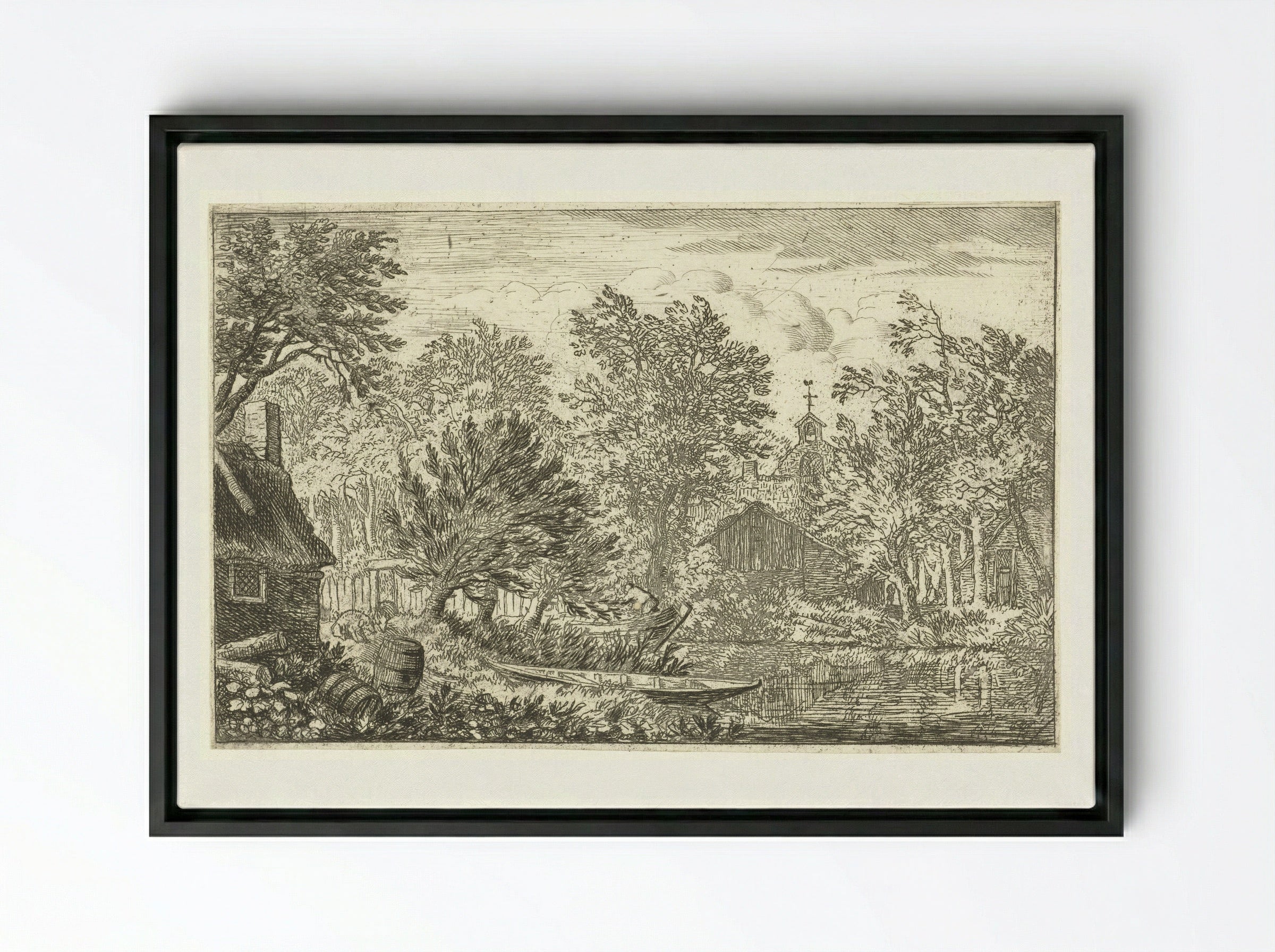 Village View with Rowing Boat - Allaert van Everdingen - Framed Canvas Black