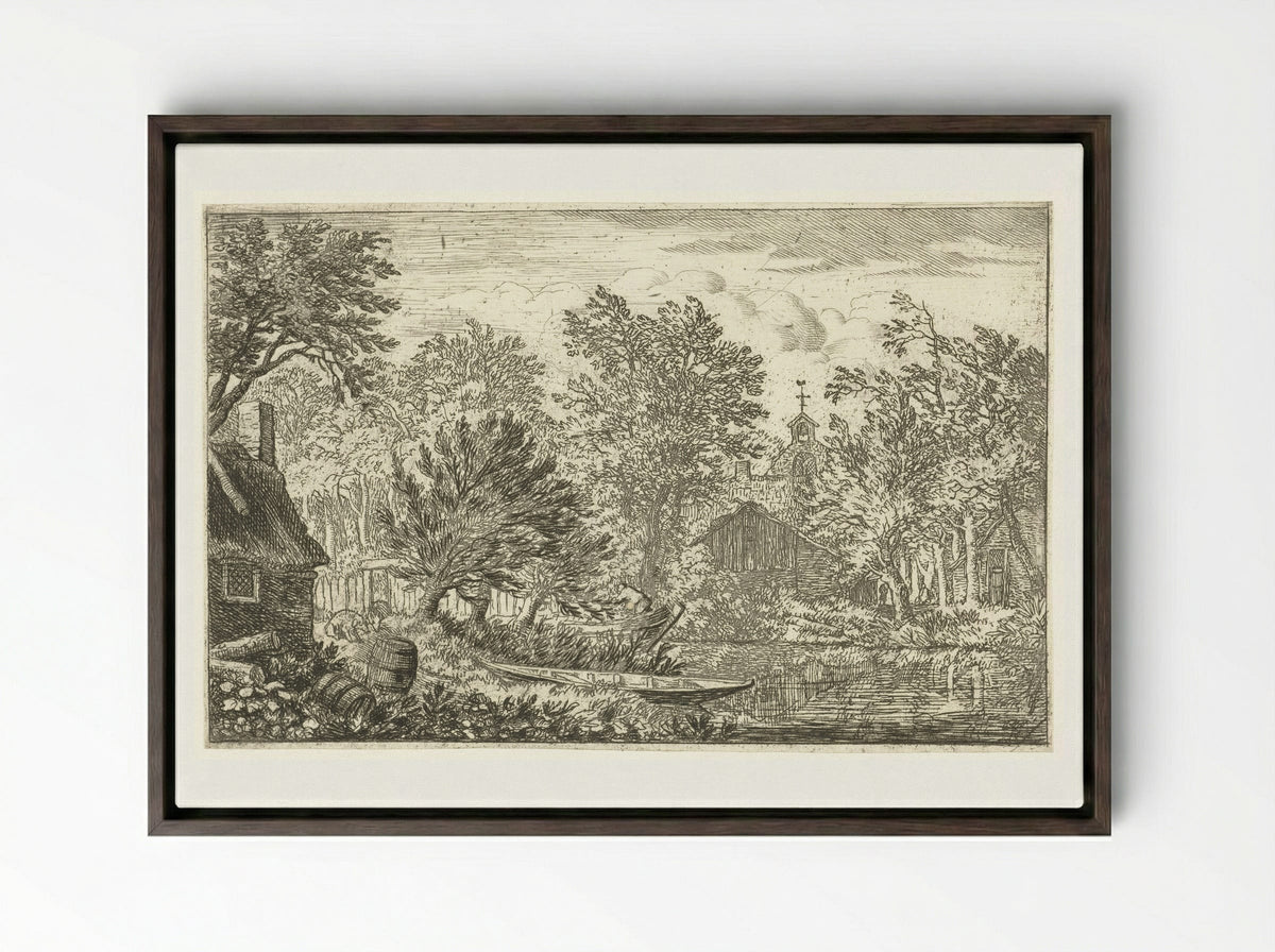 Village View with Rowing Boat - Allaert van Everdingen - Framed Canvas Dark Wood