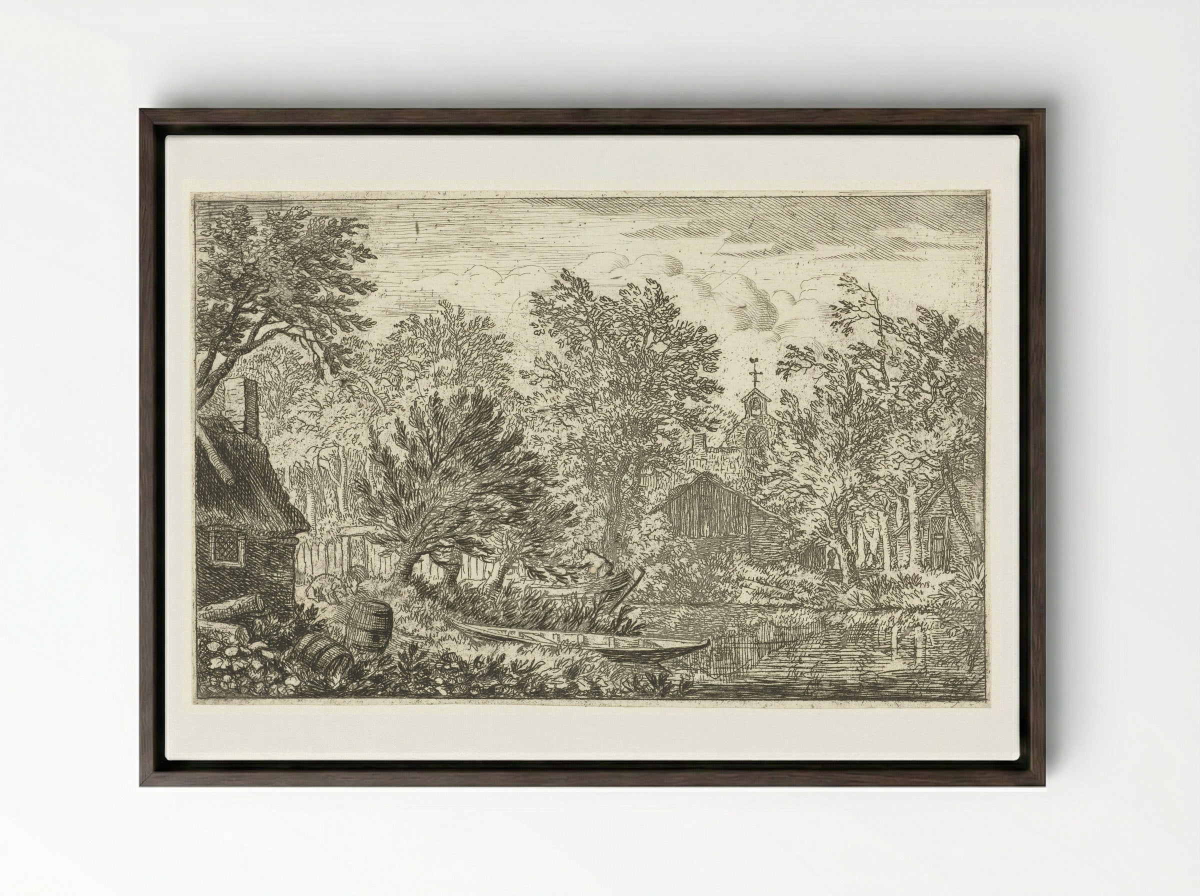 Village View with Rowing Boat - Allaert van Everdingen - Framed Canvas Dark Wood