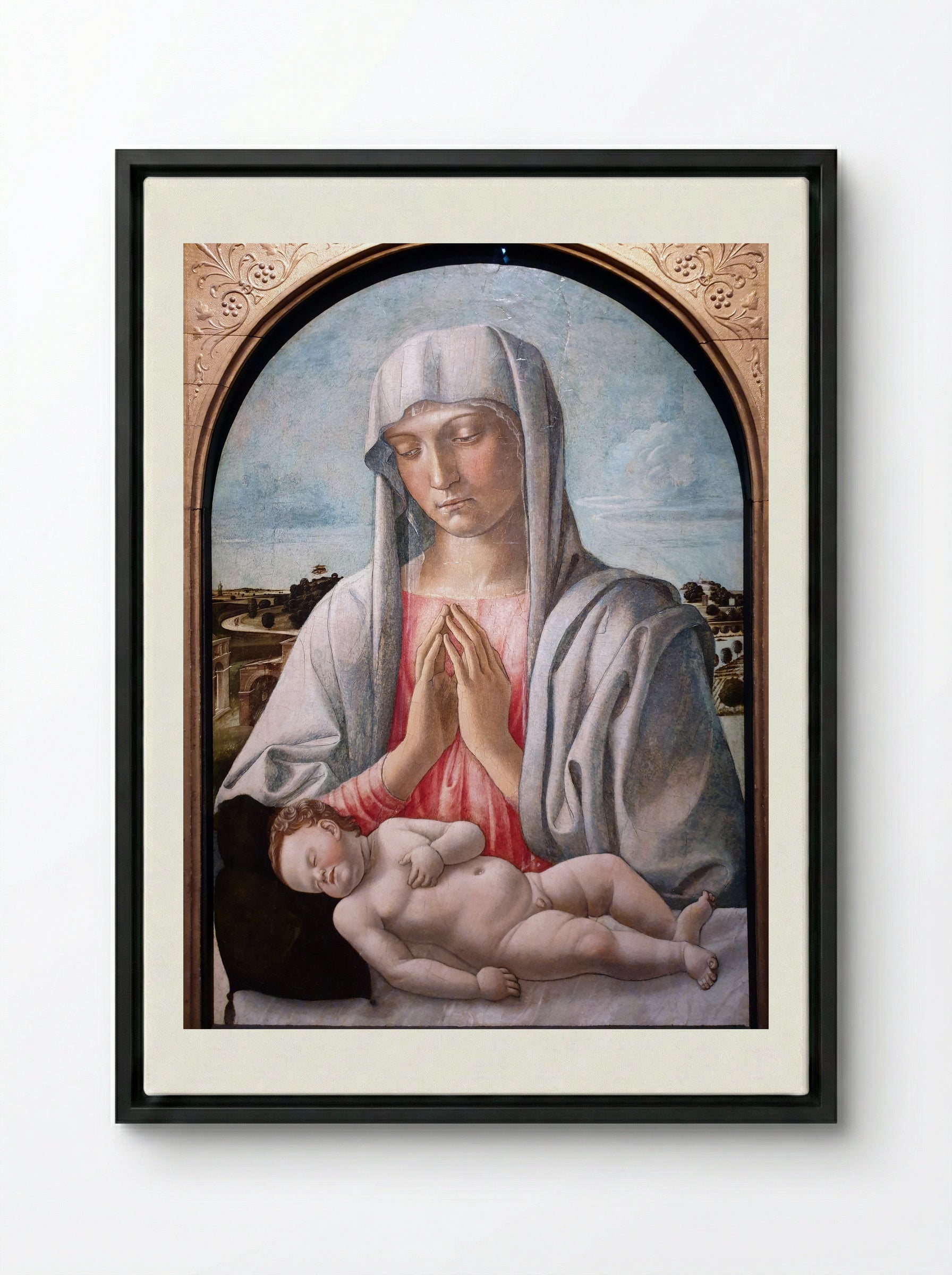Madonna Adoring the Sleeping Child - Giovanni Bellini - Framed Canvas Black
