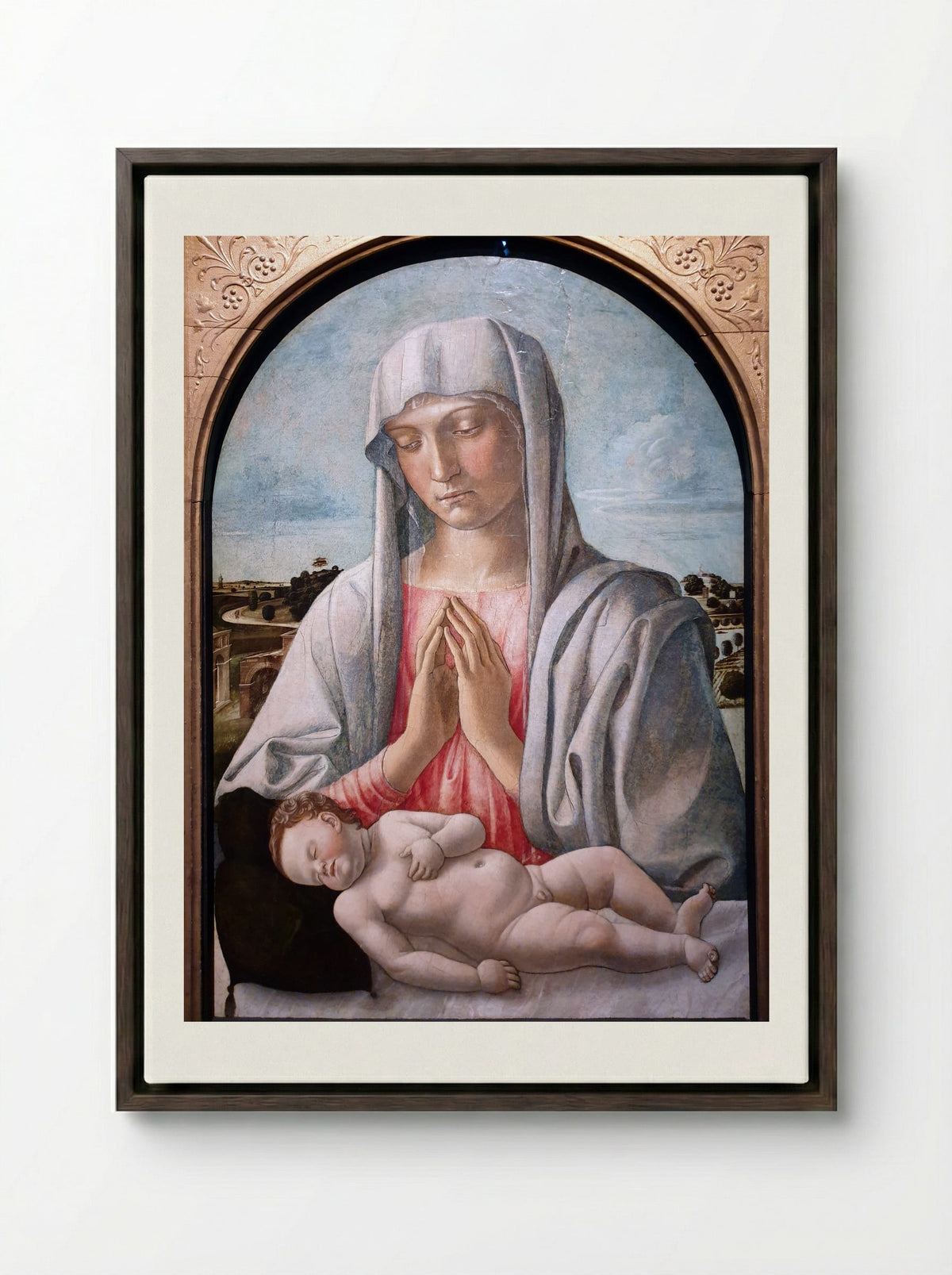Madonna Adoring the Sleeping Child - Giovanni Bellini - Framed Canvas Dark Wood