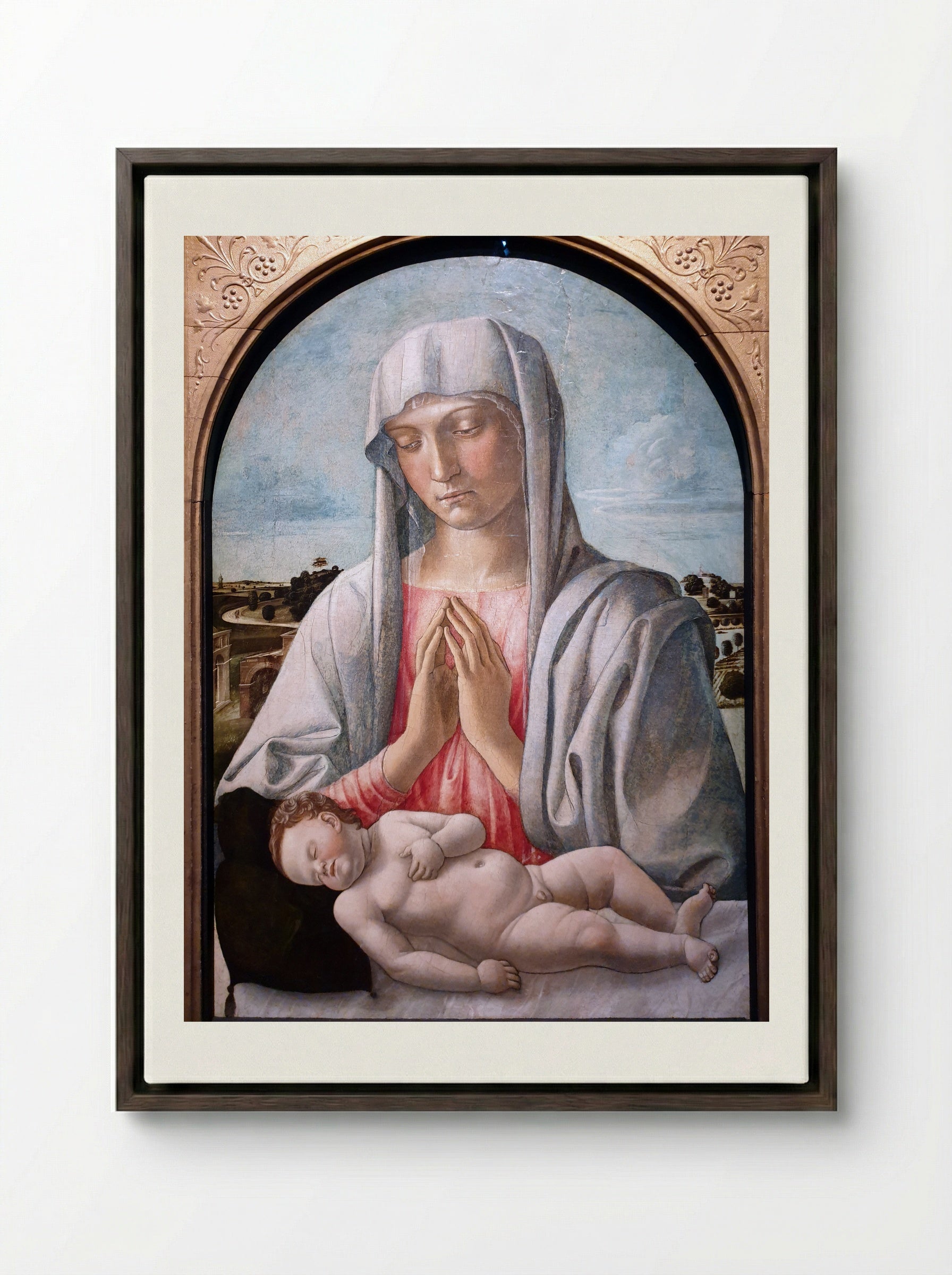 Madonna Adoring the Sleeping Child - Giovanni Bellini - Framed Canvas Dark Wood
