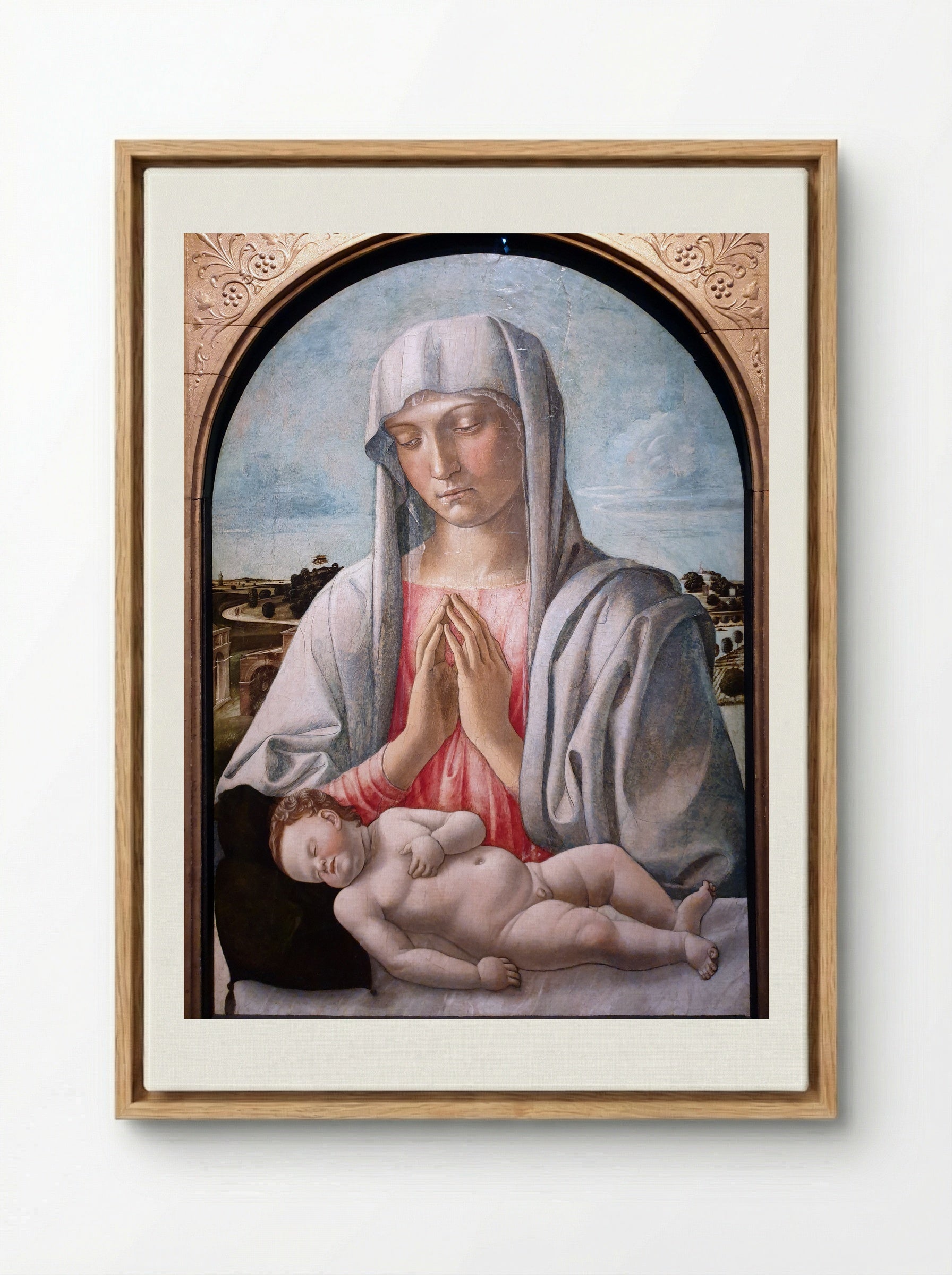 Madonna Adoring the Sleeping Child - Giovanni Bellini - Framed Canvas Wood