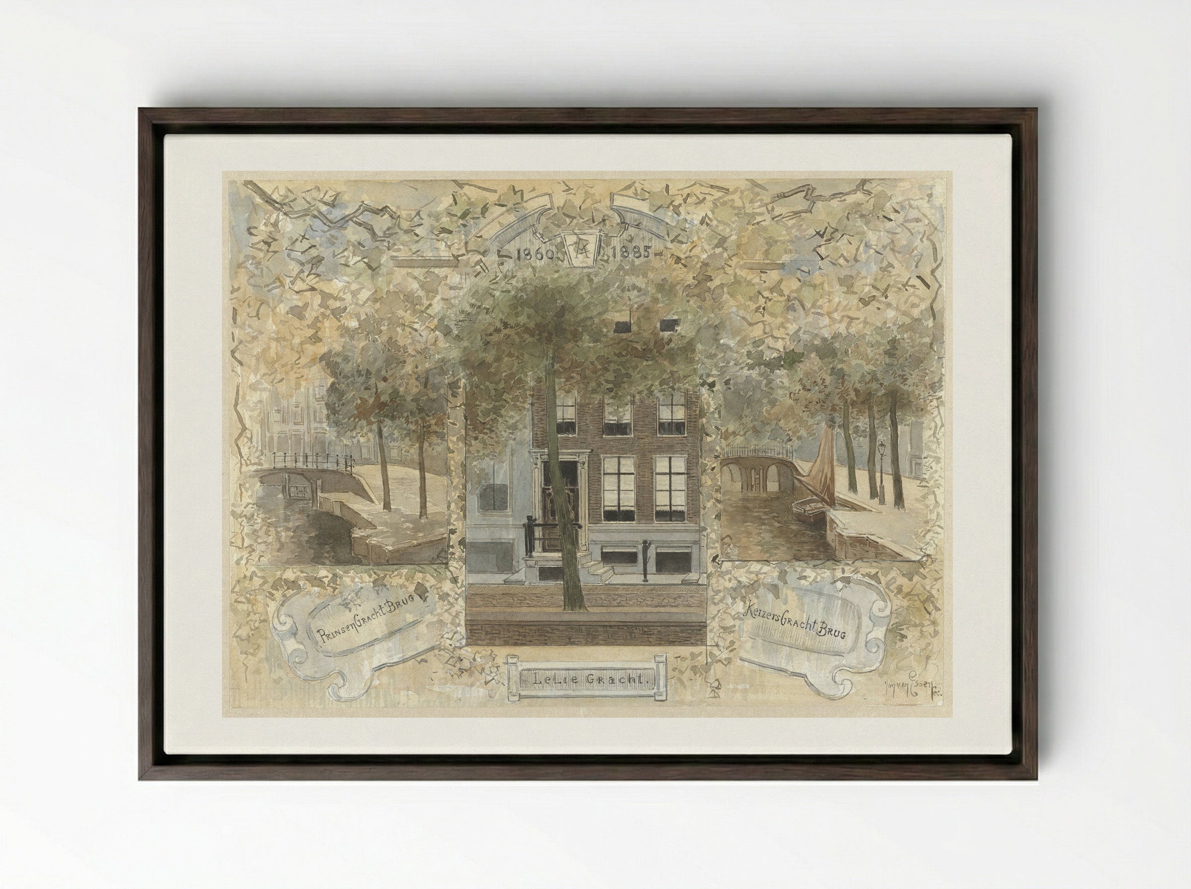 Huis op de Leliegracht, geflankeerd door de bruggen over de Prinsengracht en de Keizersgracht - Jan van Essen - Framed Canvas Dark Wood