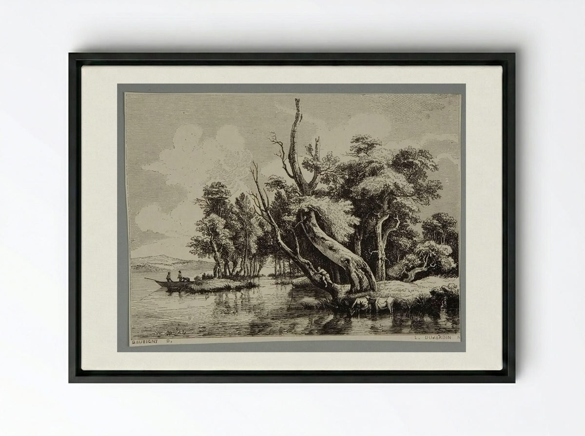 River Scene (After Daubigny) - Louis Dujardin - Framed Canvas Black