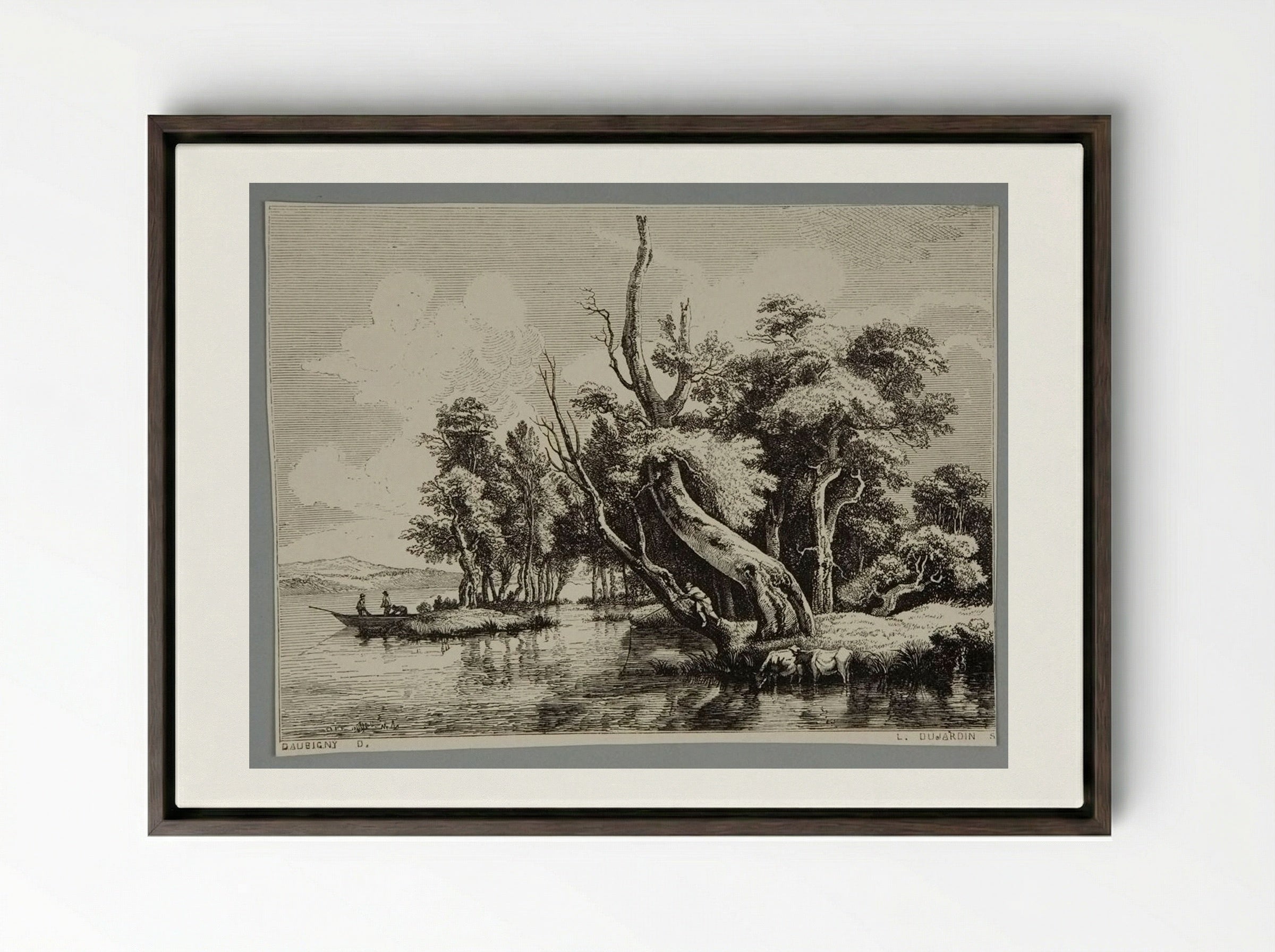 River Scene (After Daubigny) - Louis Dujardin - Framed Canvas Dark Wood