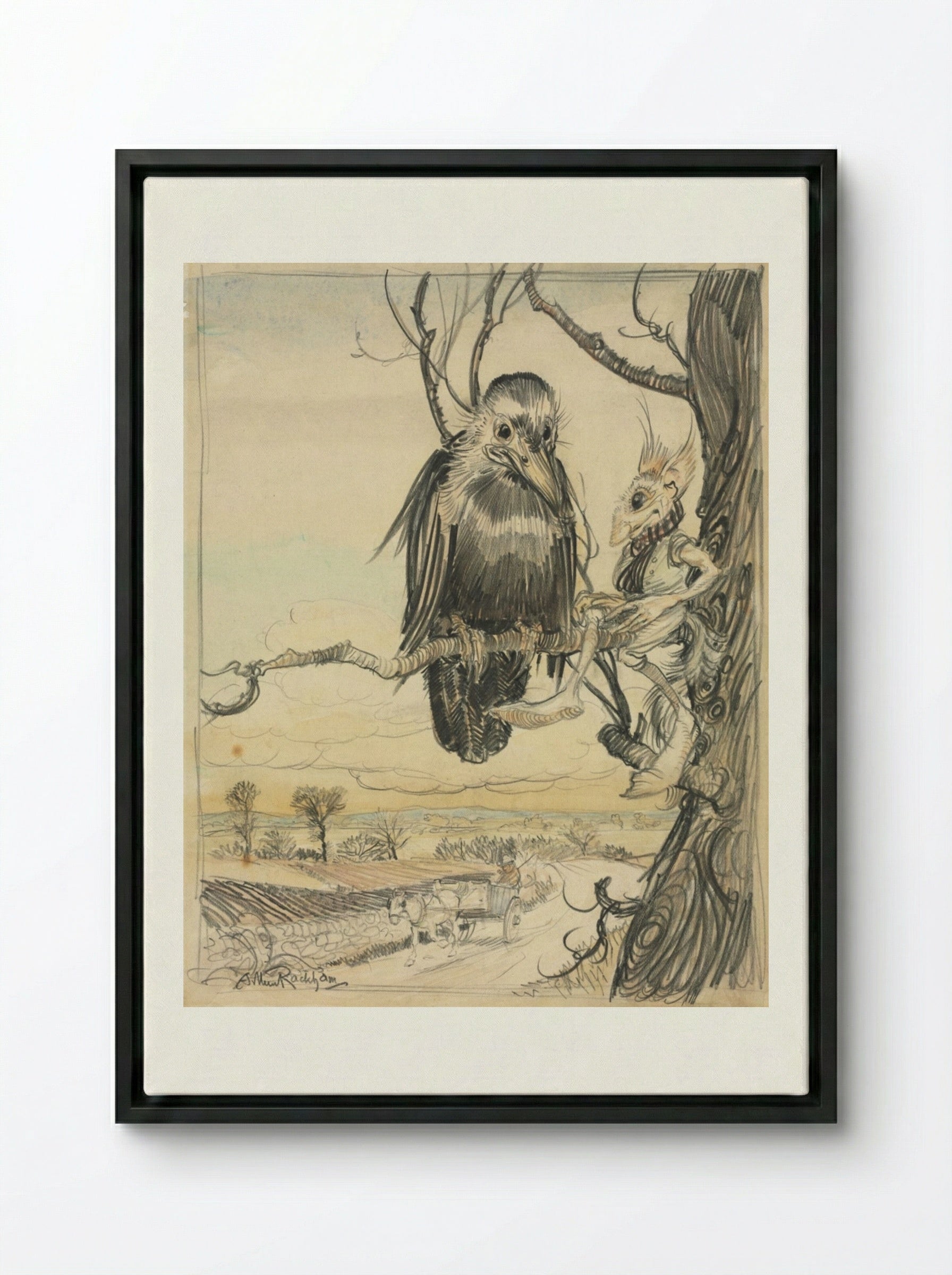 A Squirrel and a Crow - Arthur Rackham - Framed Canvas Black