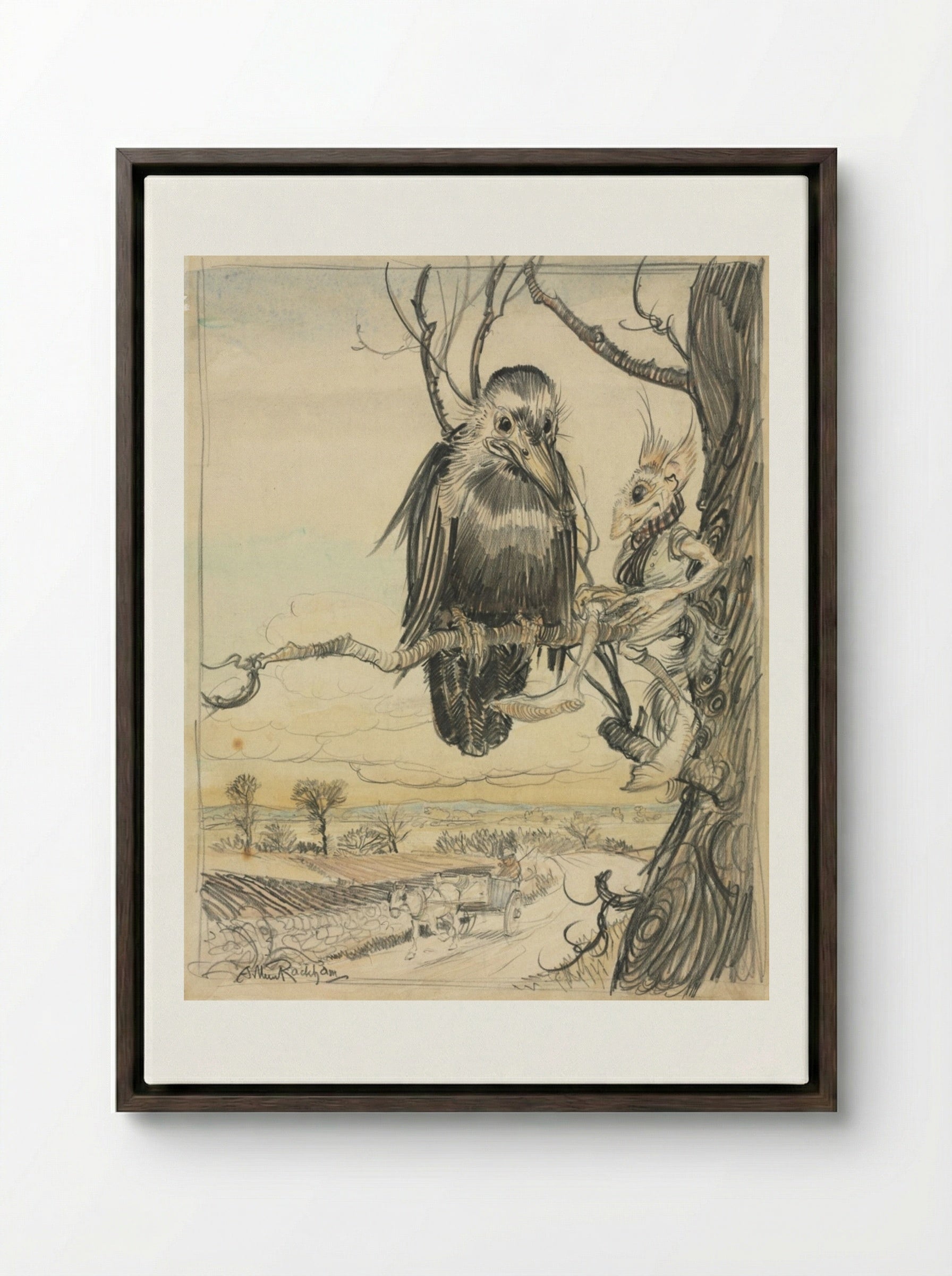 A Squirrel and a Crow - Arthur Rackham - Framed Canvas Dark Wood