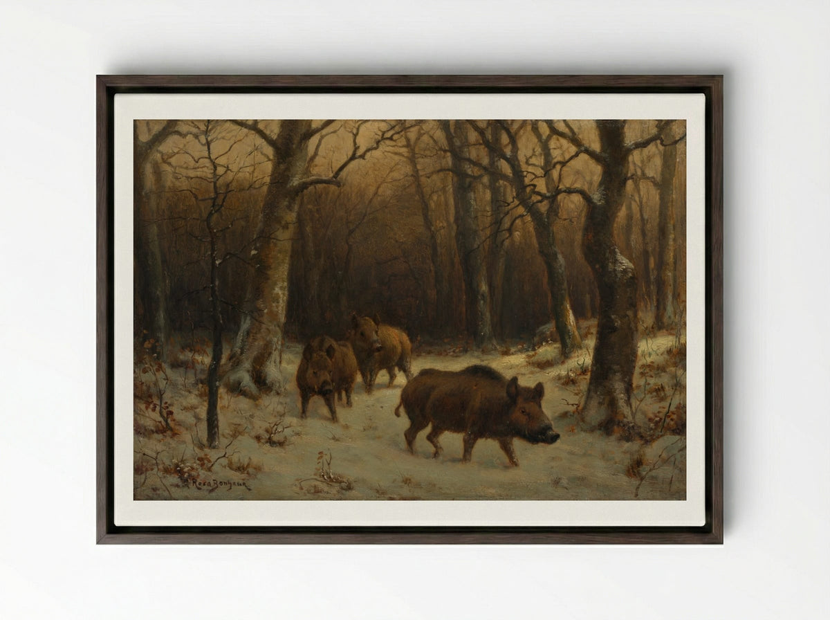 Wild Boars in the Snow - Rosa Bonheur - Framed Canvas Dark Wood