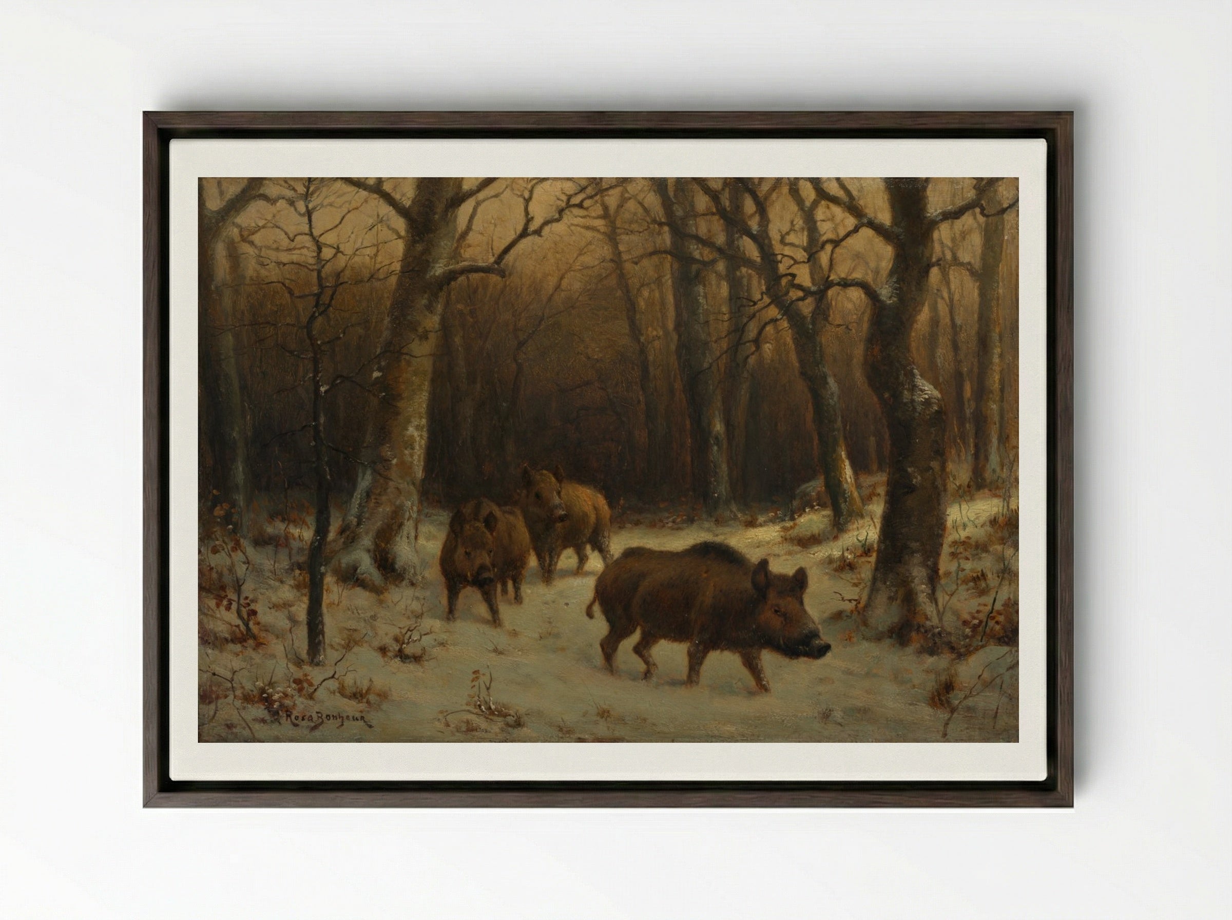 Wild Boars in the Snow - Rosa Bonheur - Framed Canvas Dark Wood